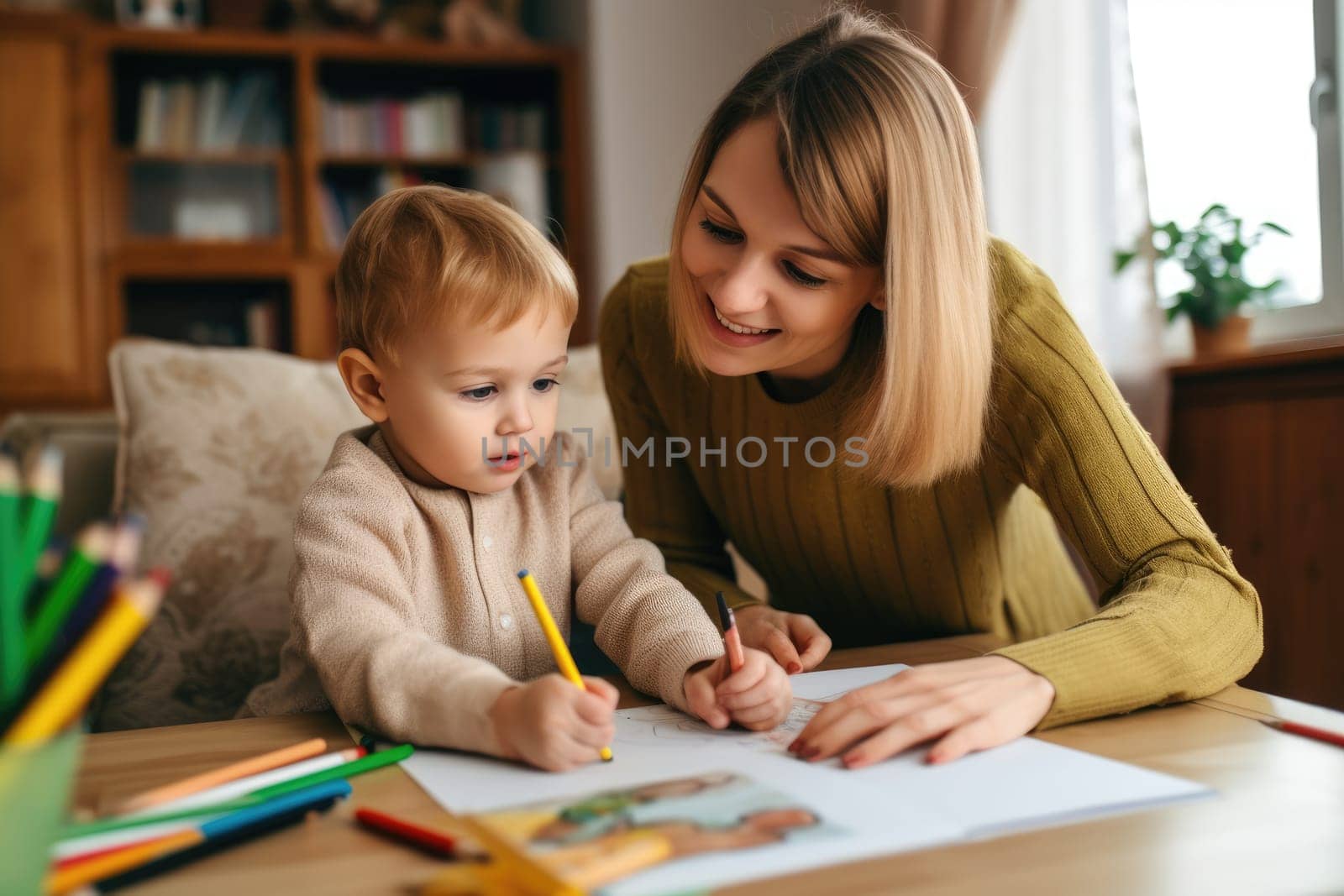 Mother and son doing homework together. AI Generative by Desperada