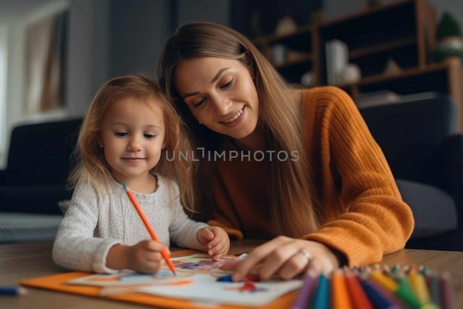Back to school. Mother and daughter doing homework together sitting at the desk. AI Generative