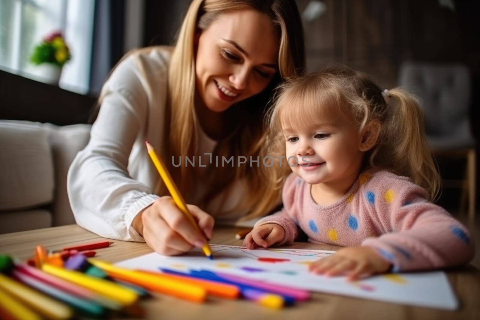 Back to school. Mother and daughter doing homework together sitting at the desk. AI Generative