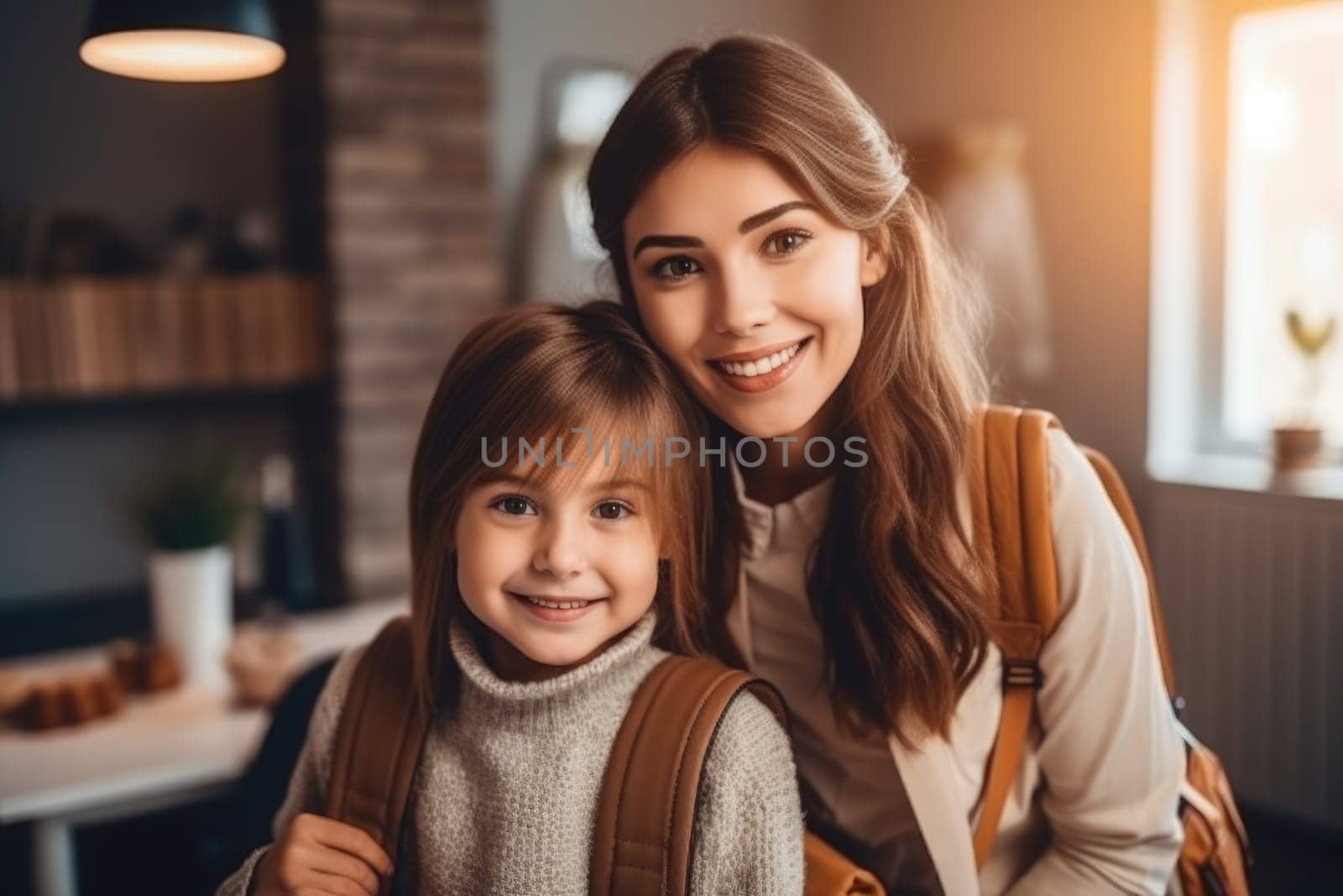 Back to school. Mother and daughter doing homework together preparing for classes. AI Generative