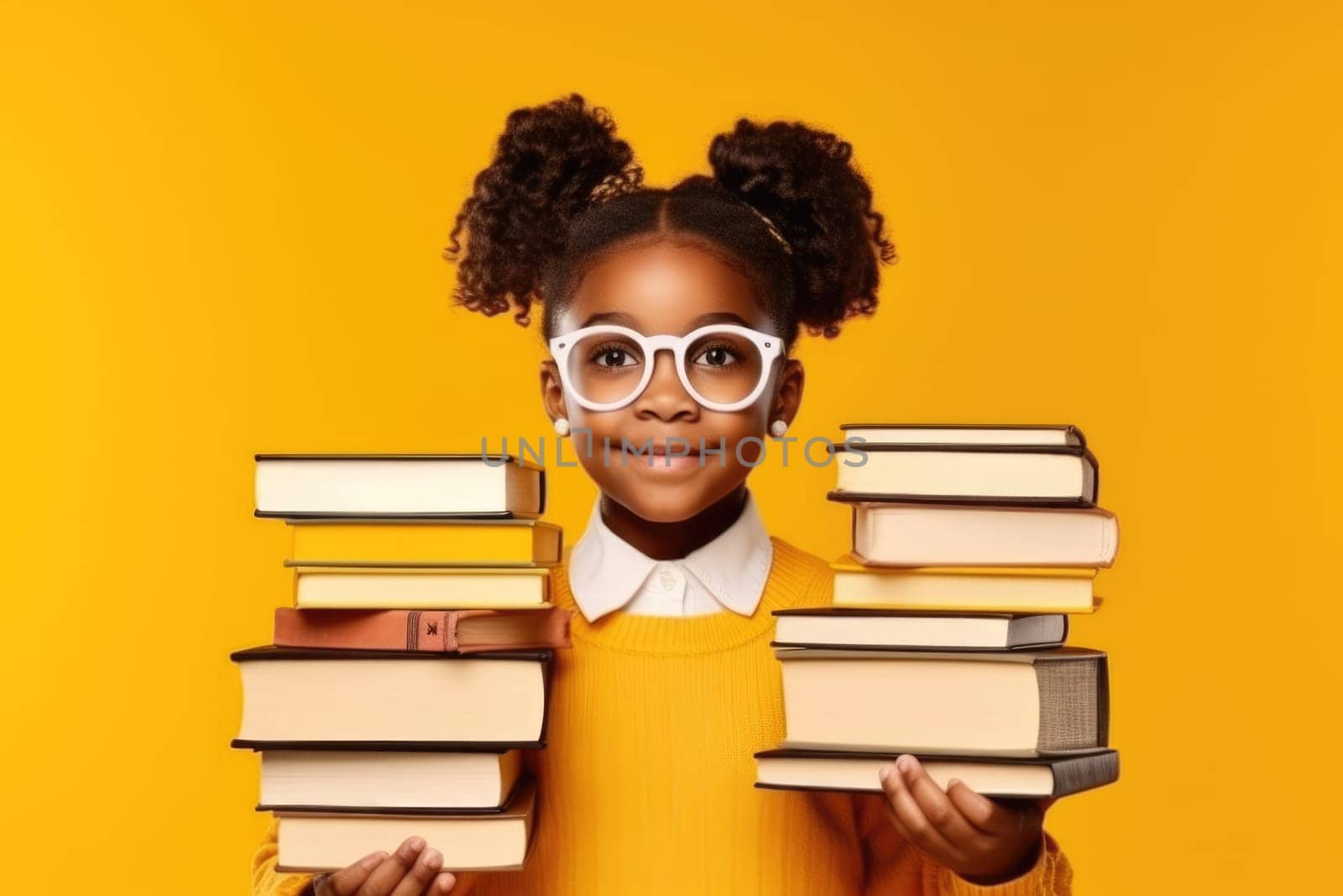 funny smiling Black child school girl with glasses hold books on her head. Yellow background. AI Generative by Desperada
