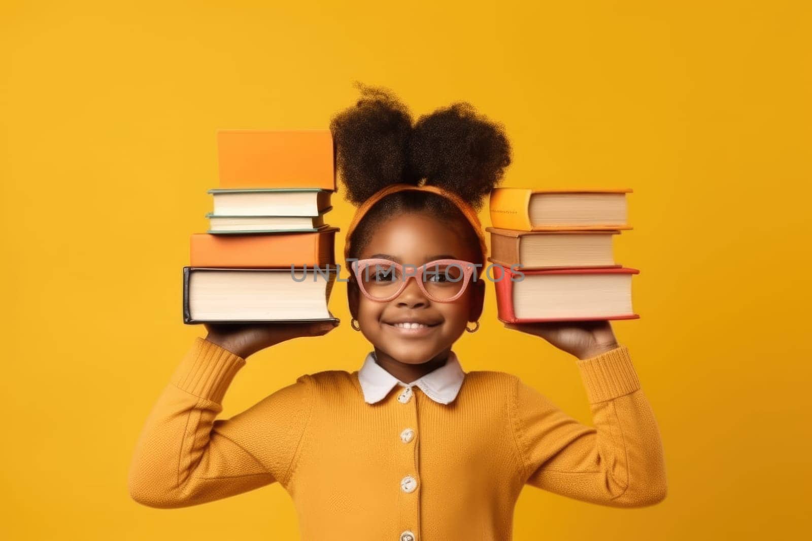 funny smiling Black child school girl with glasses hold books on her head. Yellow background. AI Generative by Desperada