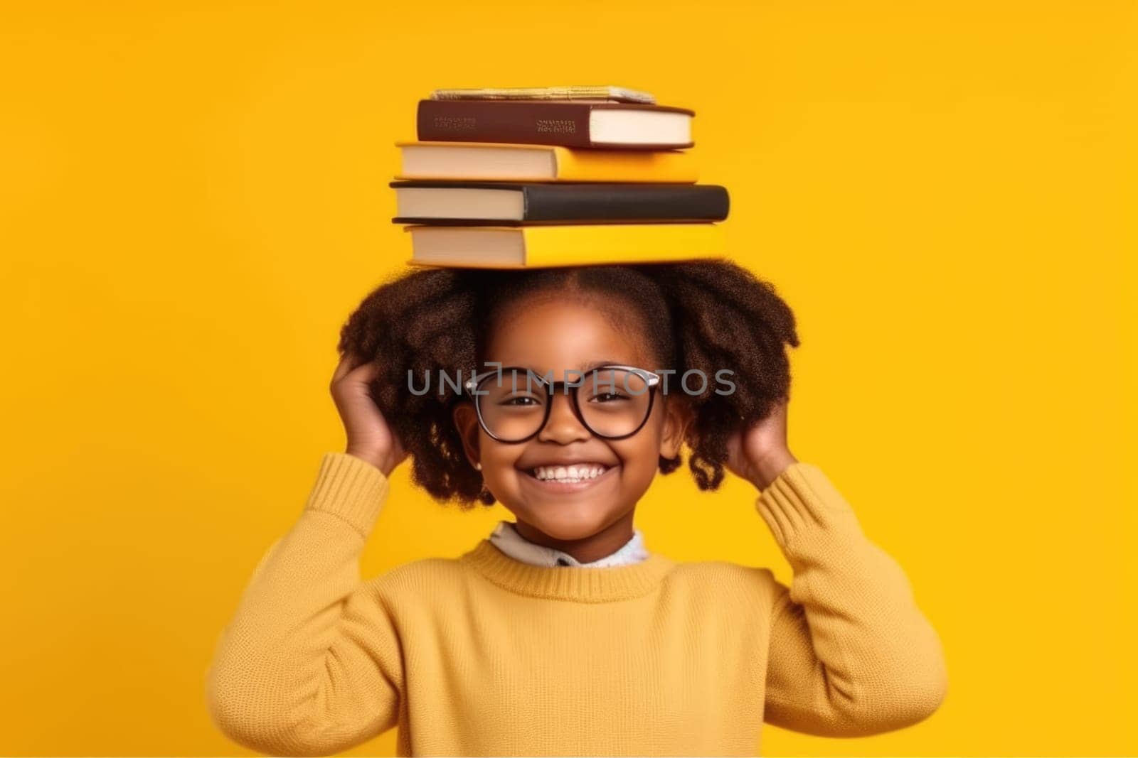 Back to school. funny smiling Black child school girl with glasses hold books on her head. Yellow background. AI Generative