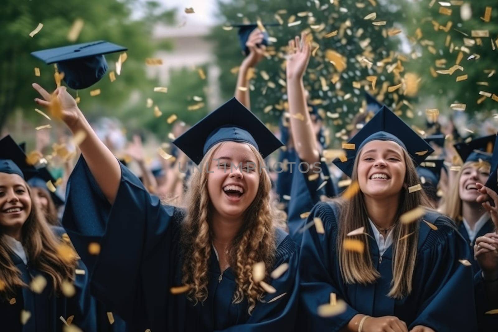 Graduation Caps Thrown in the Air, Graduates celebrating and screaming, AI Generative
