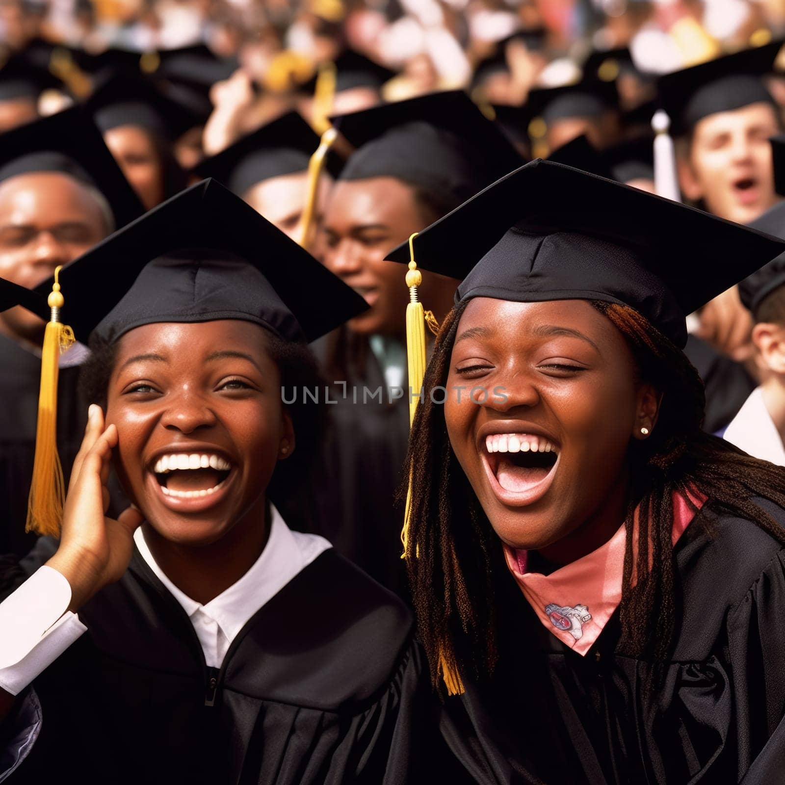 Graduation Caps Thrown in the Air, Graduates celebrating and screaming, AI Generative