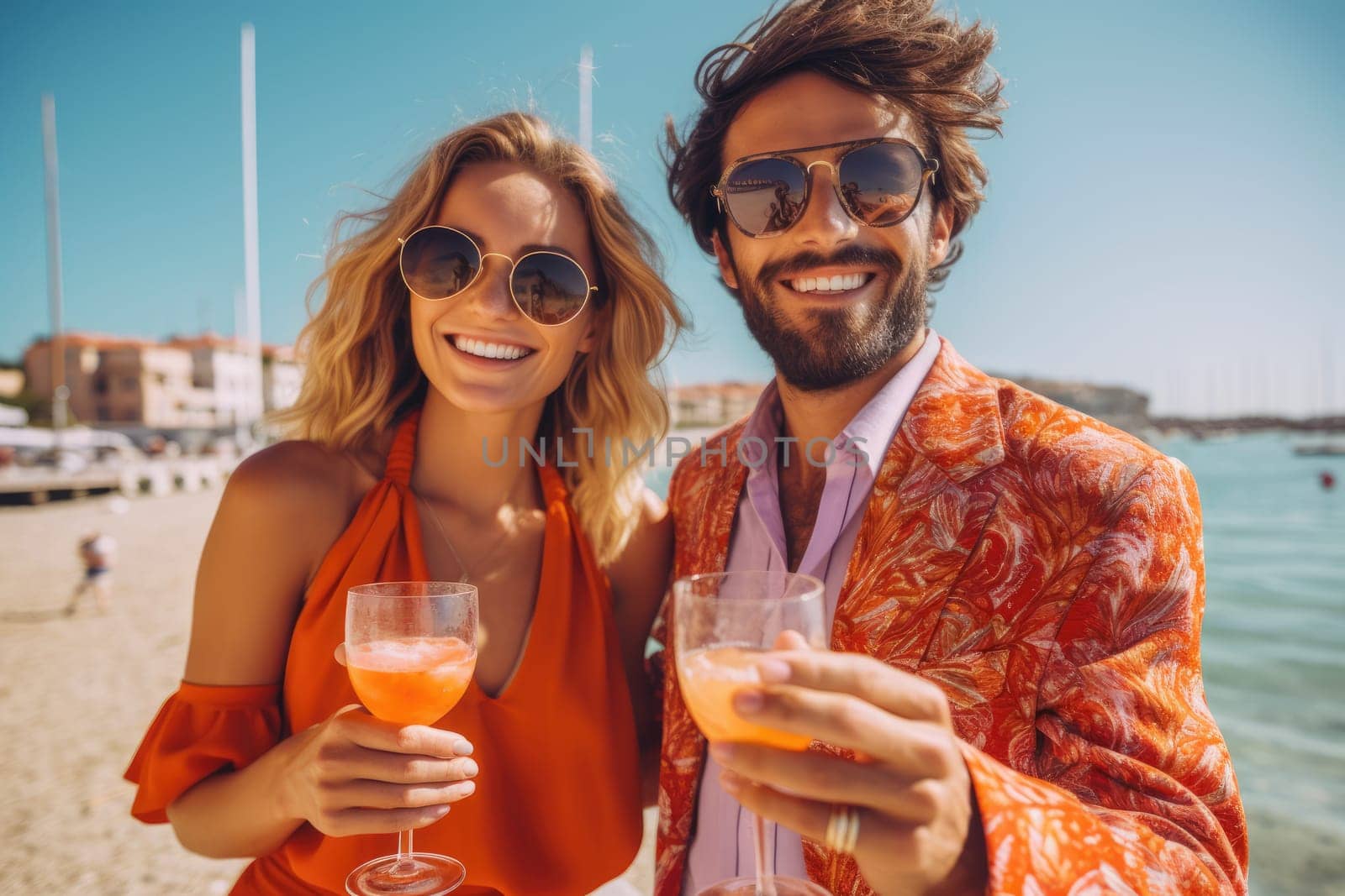 Happy couple of woman and man in orange clothes enjoying refreshing drink on the beach, AI Generative