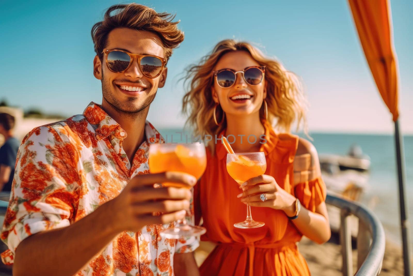 Happy couple of woman and man in orange clothes enjoying refreshing drink on the beach, AI Generative