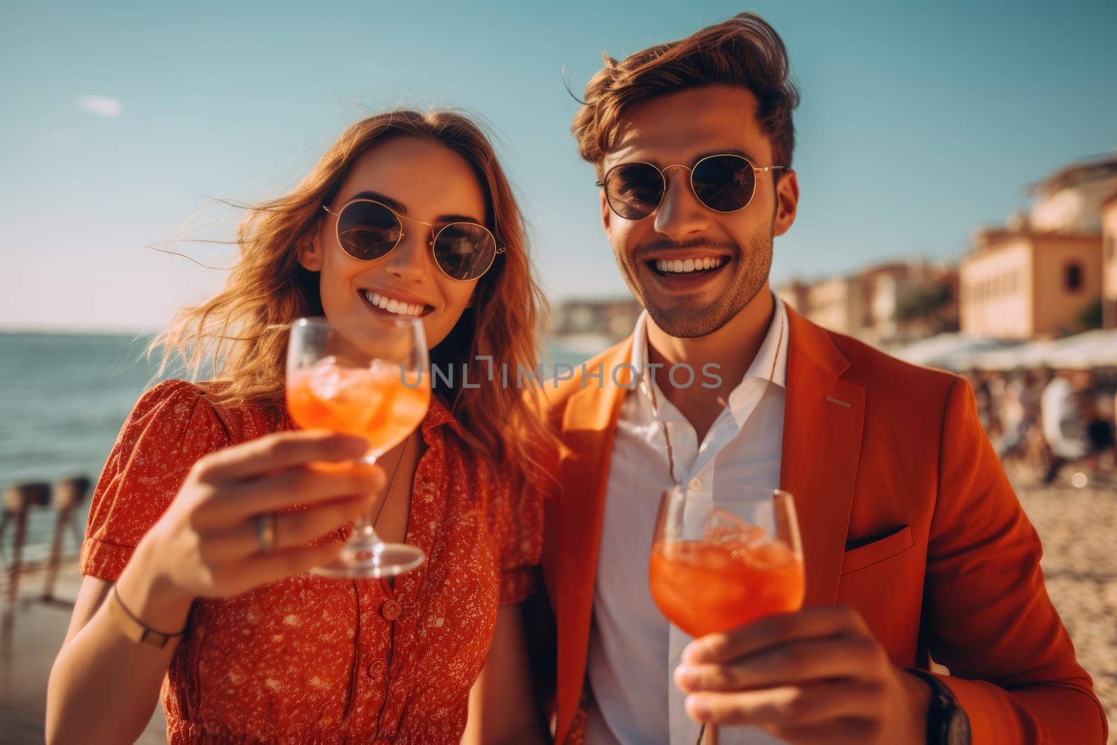 Happy couple of woman and man enjoying refreshing drink on the beach, AI Generative by Desperada