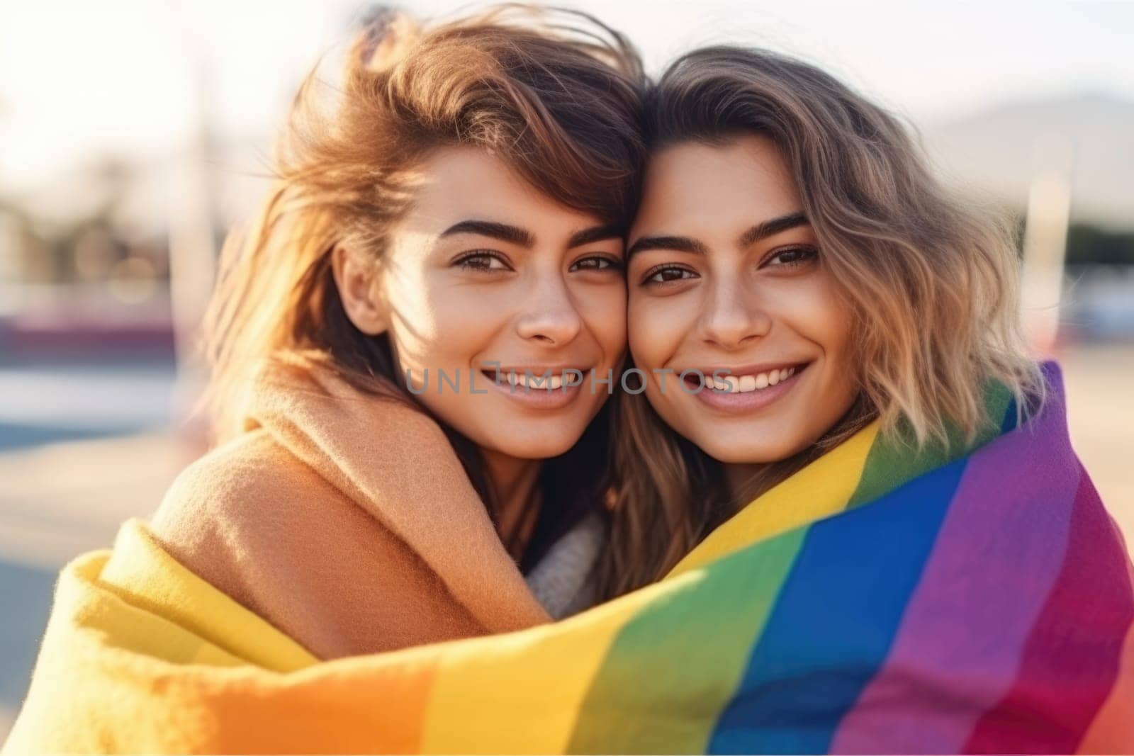 Proud multiethnic lesbian women embracing during gay pride parade. happy young women holding LGBTQ flag. AI Generative