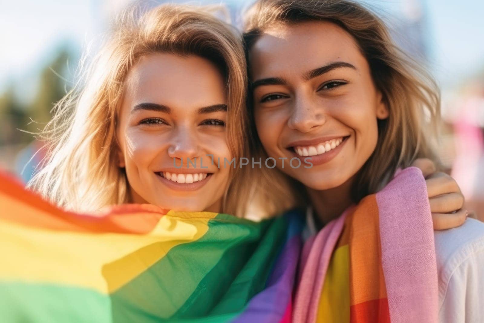 Proud multiethnic lesbian women embracing during gay pride parade. happy young women holding LGBTQ flag. AI Generative