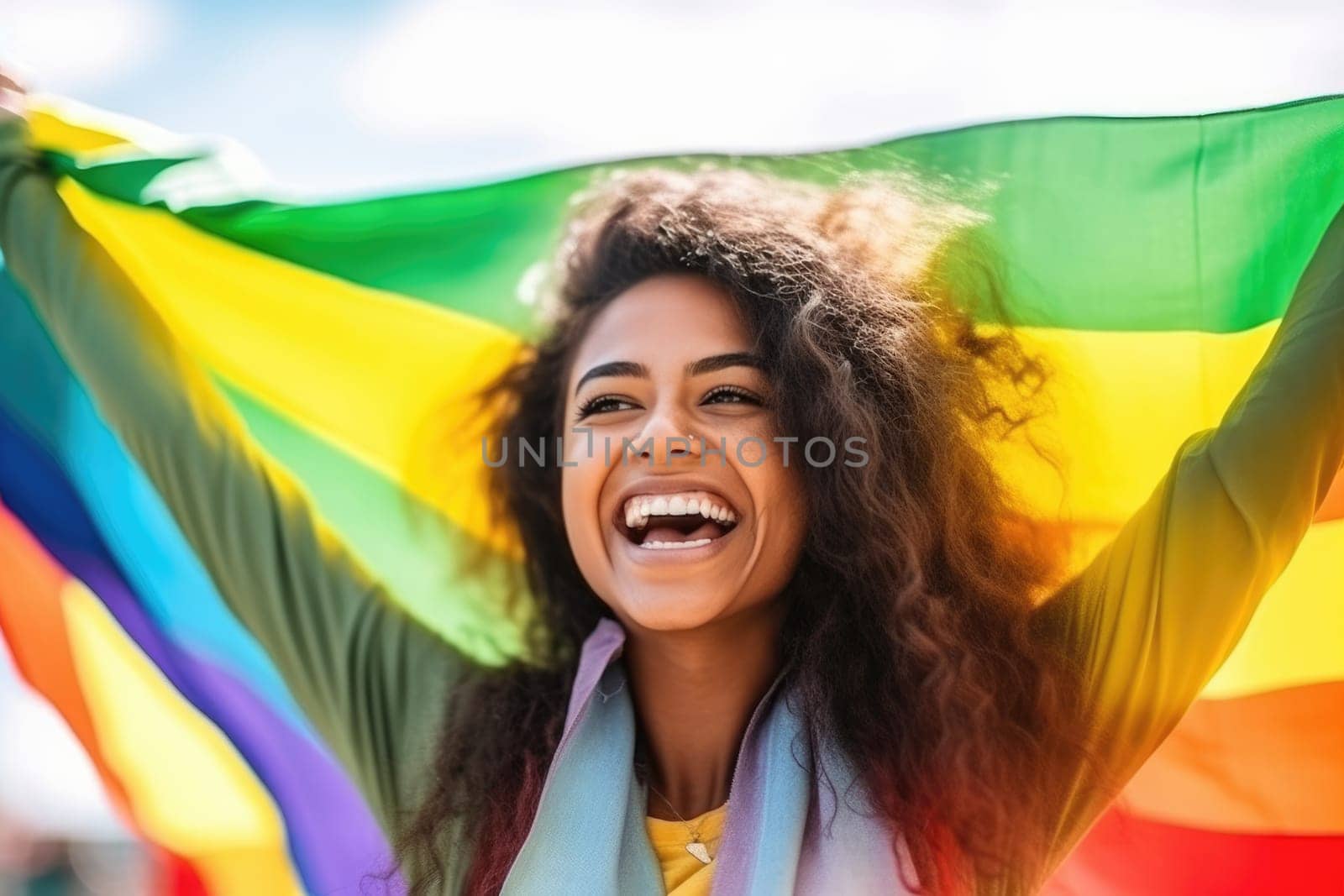 Proud multiethnic lesbian woman during gay pride parade. happy young woman holding LGBTQ flag. AI Generative