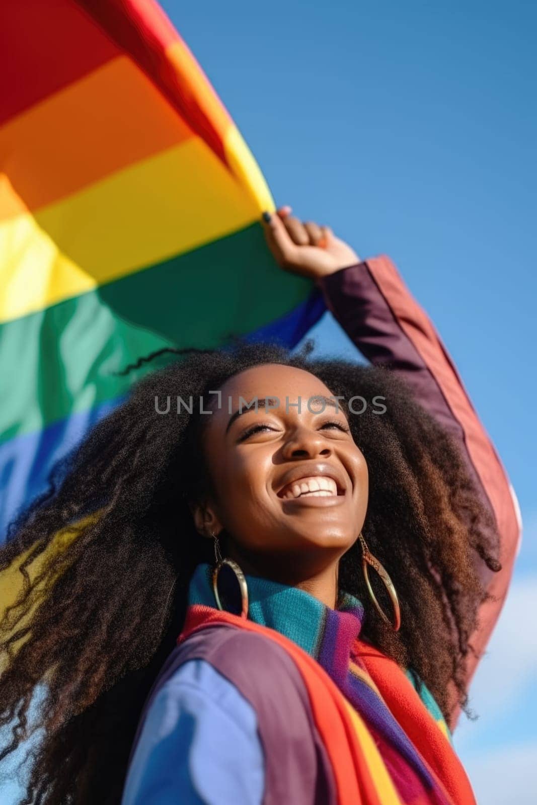 Proud african lesbian woman during gay pride parade. happy young woman holding LGBTQ flag. AI Generative