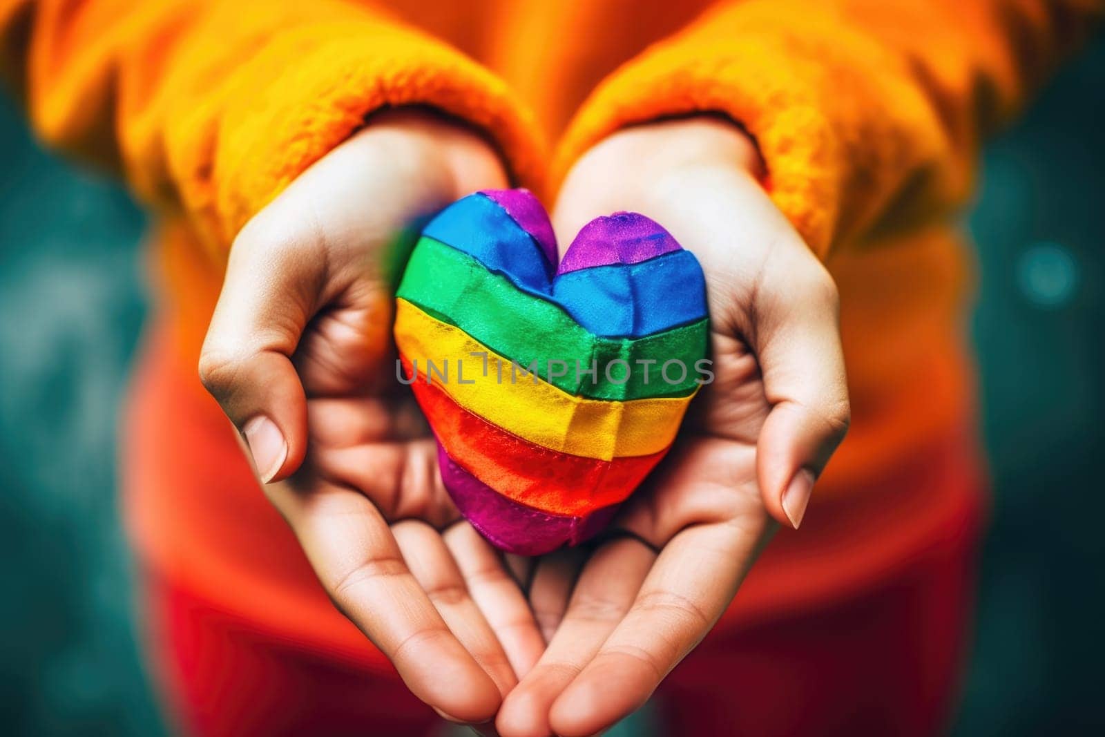 unrecognizable person hands holding LGBTQ flag heart, conceptual. AI Generative