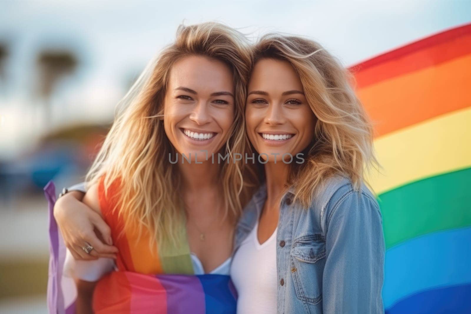 happy young women embracing holding LGBTQ flag. AI Generative by Desperada