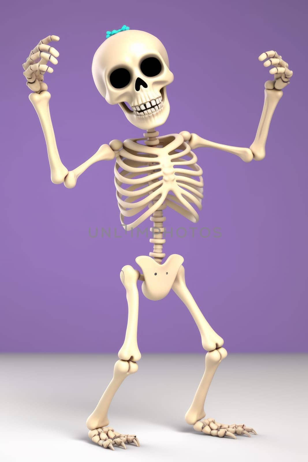 Funny dancing white skeleton on a violet background. Vertical. Ai generative
