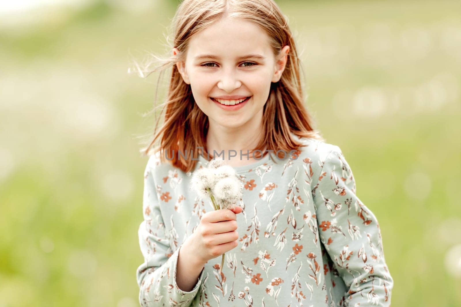 Little girl holding blowballs flower in hands in blossom field and smiling. Cute child kid with dandelions at nature outdoors portrait