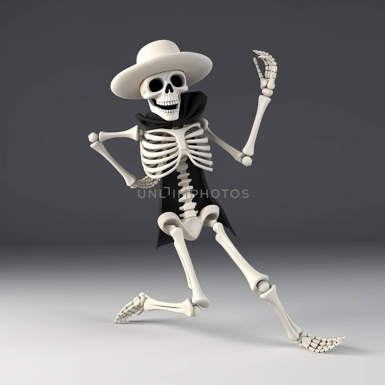 Cute dancing white skeleton in a black cloak and hat on a gray background. Ai generative