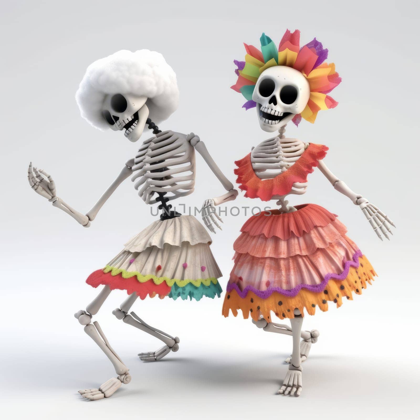 Three dancing white skeletons in multicolor dress isolated on a white background. Ai generative