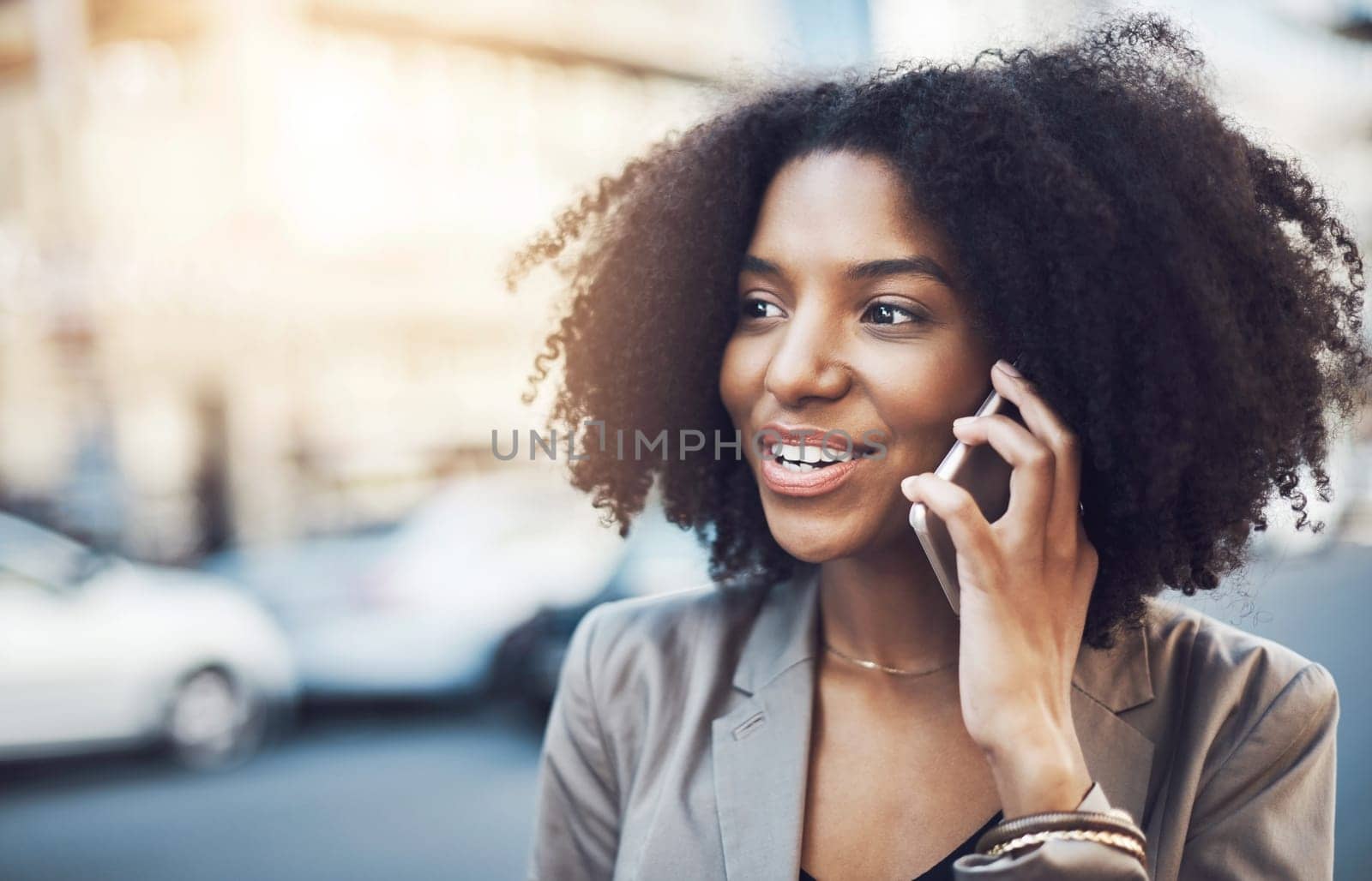 Business woman, phone call and city for conversation, communication or networking outdoors. Female employee talking on mobile smartphone with smile for discussion in the street of an urban town.