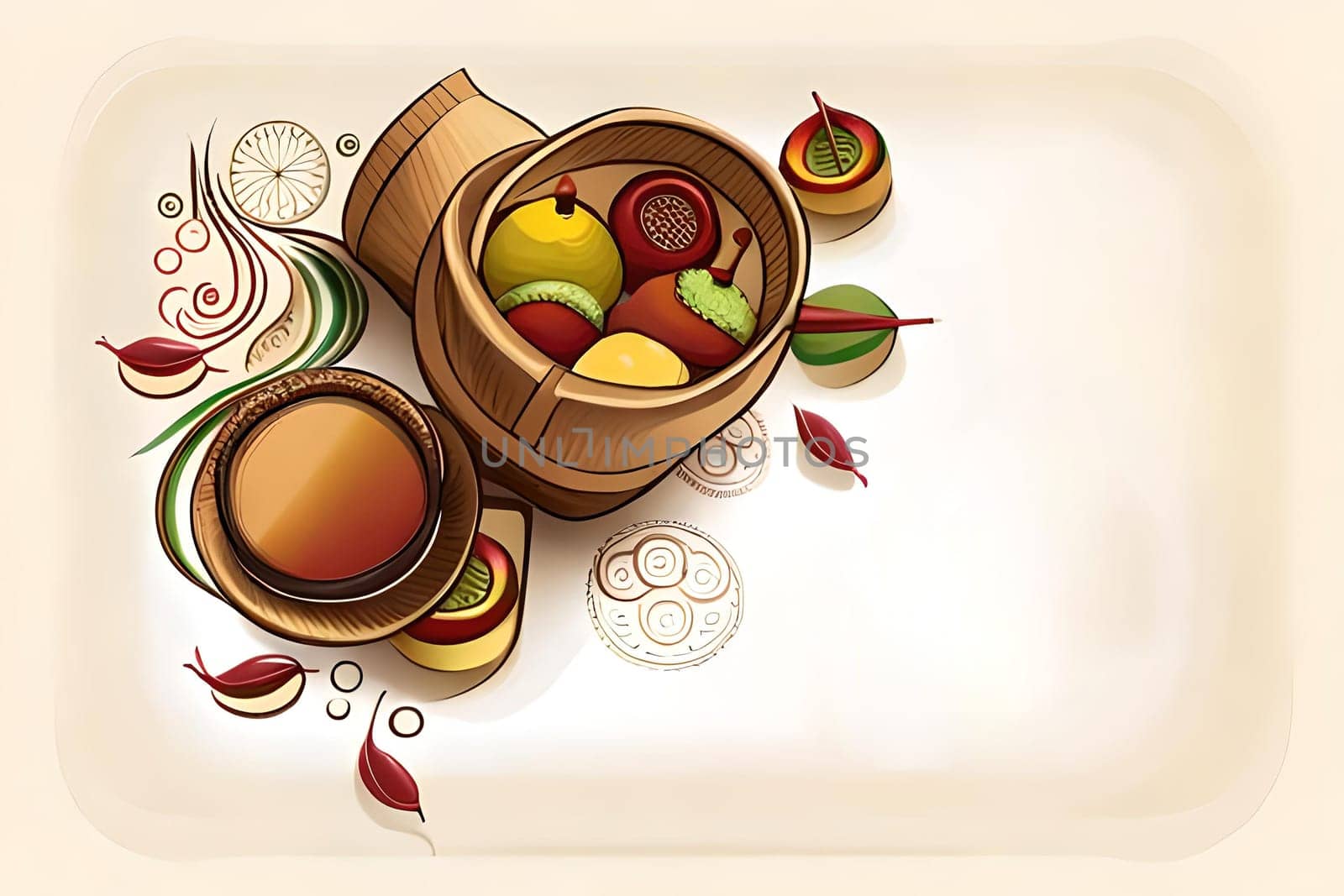 Happy ugadi greeting card background with kalash. Happy Ugadi holiday composition - Hindu New Year festival. Decorated Kalash with coconut, flowers, mango leaves and diya.