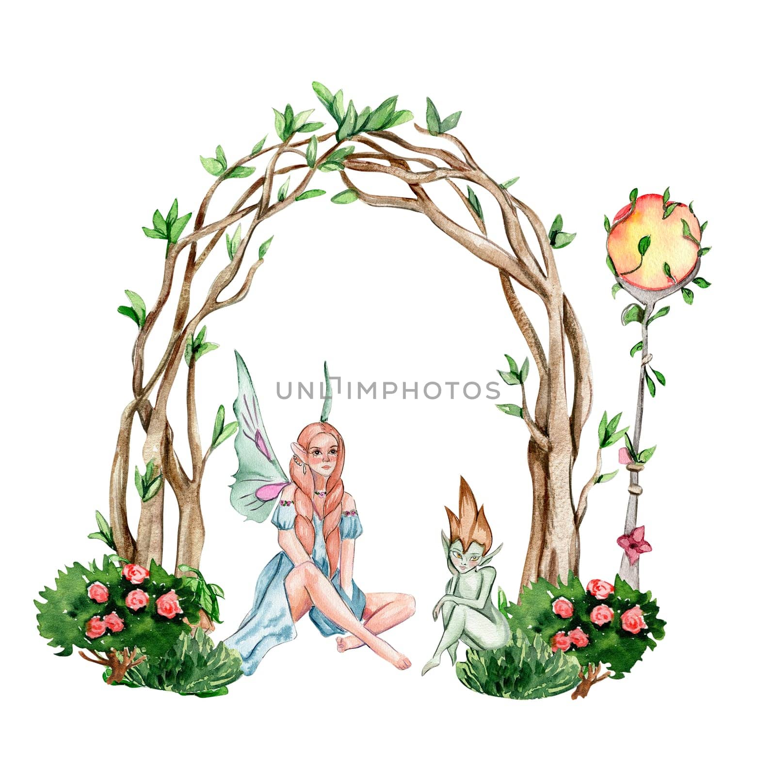 Composition with forest fairy, green tree and bushes . Watercolor hand drawn illustration . Perfect for greeting card, poster, wedding invitation, party decor.