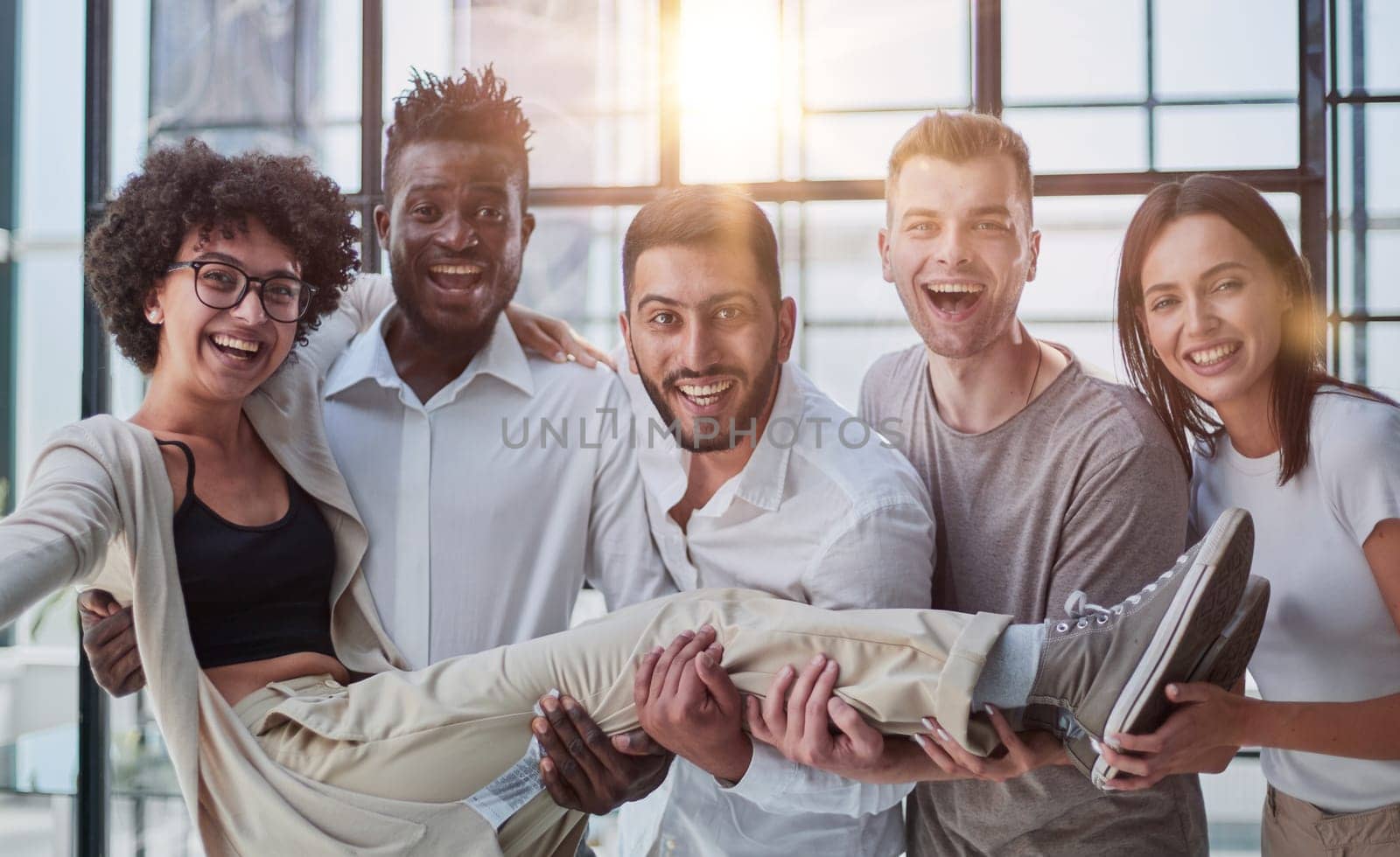 Job promotion celebration, winning prize, success in work or goal achievement congratulation party concept