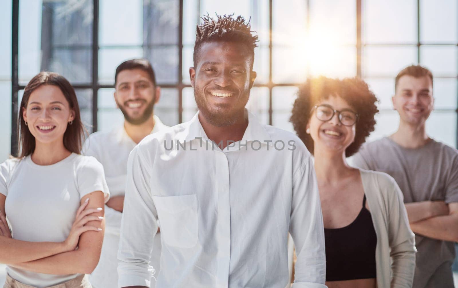 Face of beautiful woman on the background of business people