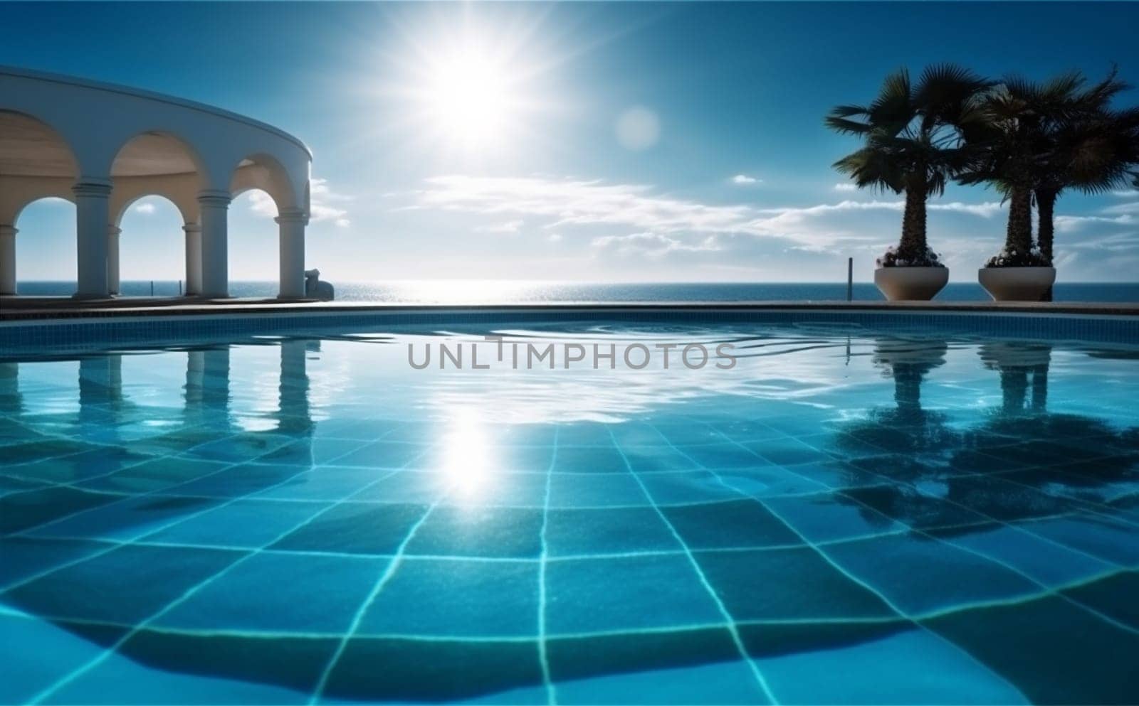 blue swimming home water relaxation pool summer palm luxury large. Generative AI. by SHOTPRIME