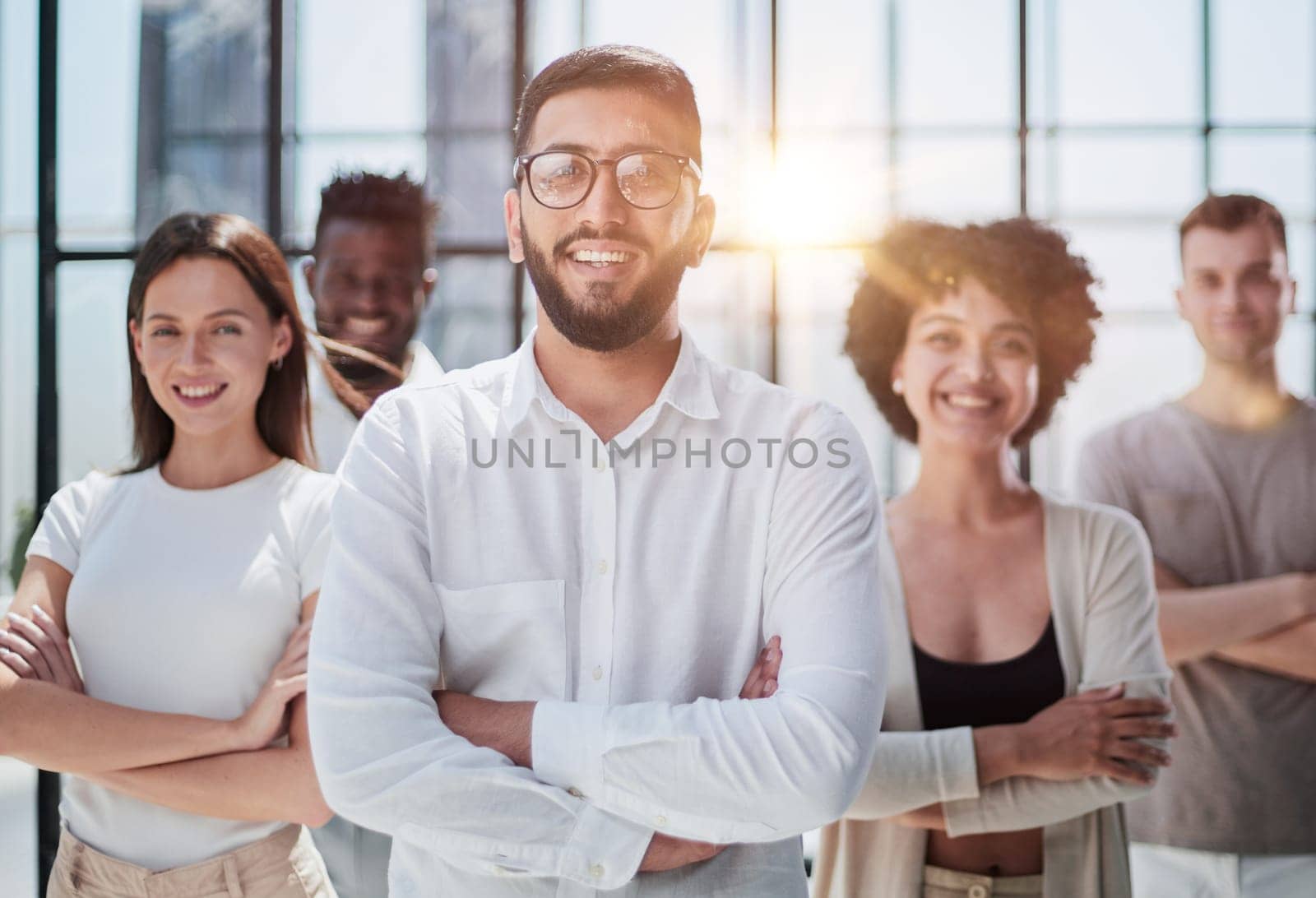 Successful company with happy workers. employees group team portrait