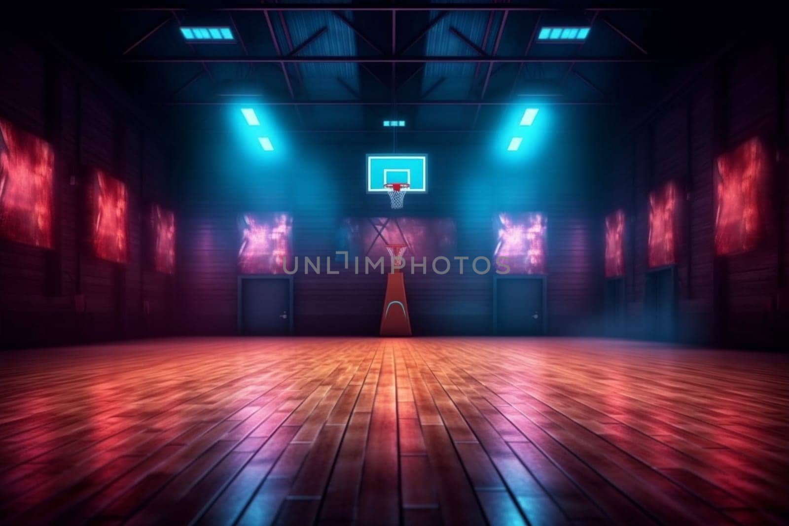 background design corridor neon empty basketball arena indoor game three-dimensional interior hall. Generative AI. by SHOTPRIME