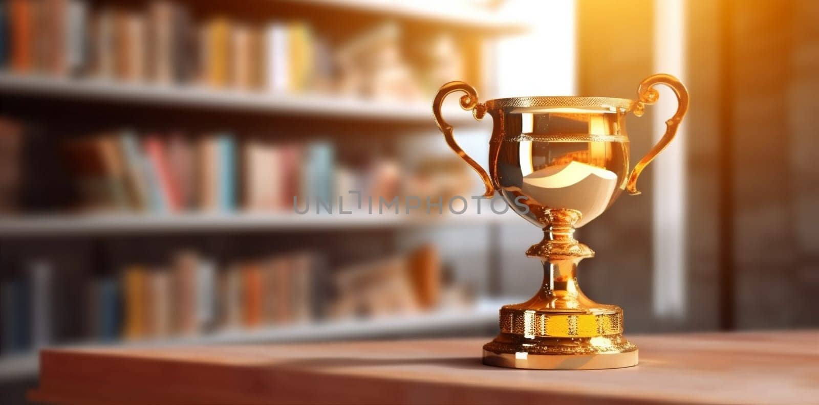 library bokeh award celebration gold champion trophy prize competition cup. Generative AI. by SHOTPRIME