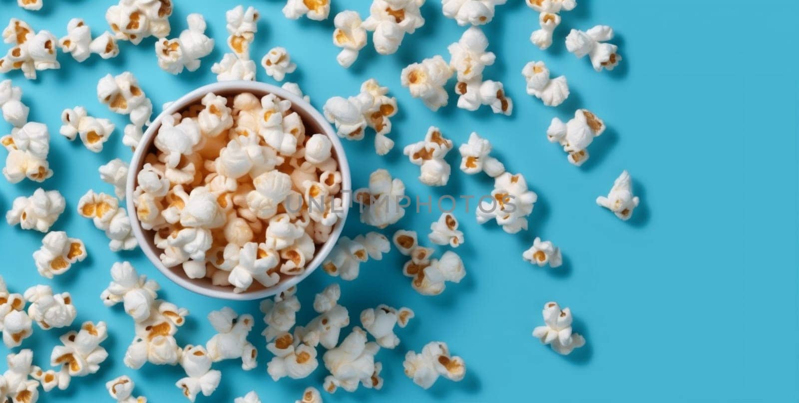 popcorn entertainment movie cinema crunchy space salted full box food snack theatre blue corn white background fast refreshment food pop sweet salty. Generative AI.