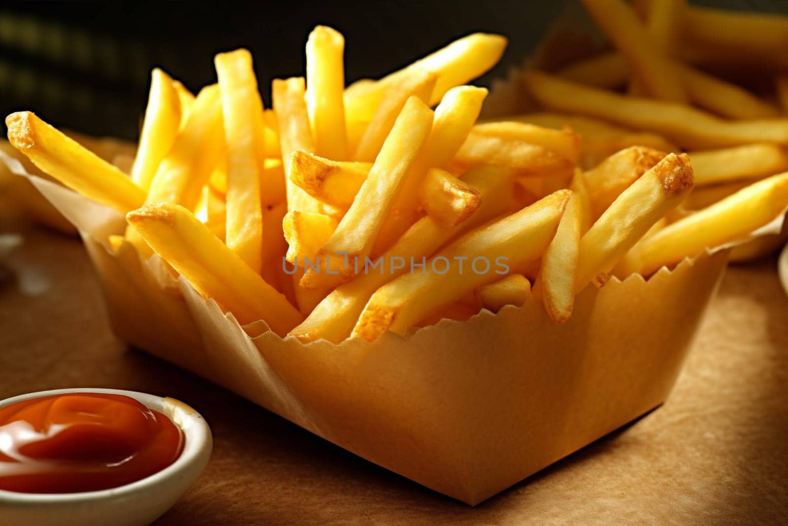 calorie fast chip meal french american yellow potato wooden fry snack black view top top background tasty food sauce fat unhealthy fatty. Generative AI.