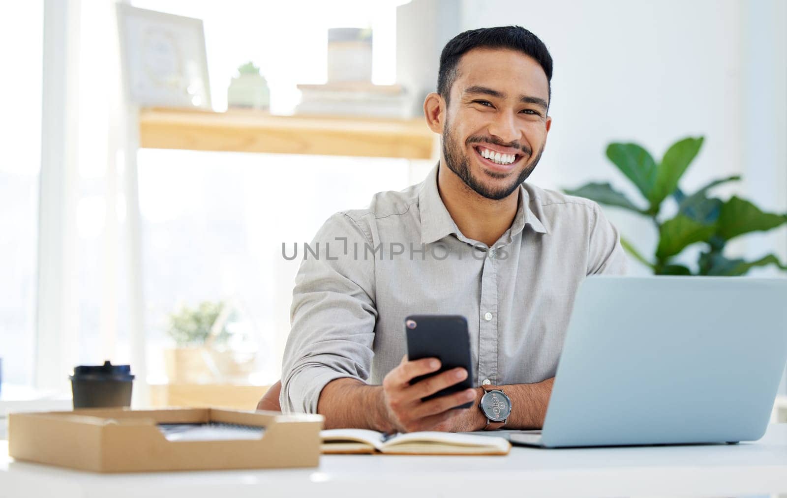 Happy, phone and man in office typing email communication, social networking or search for business on app. Asian businessman, cellphone or computer for mobile connection, internet or network contact.