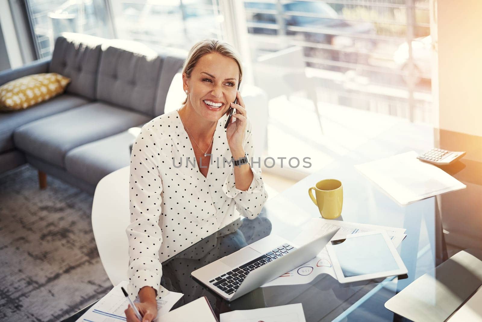 Working from home is what she loves. a mature businesswoman working from her home office. by YuriArcurs