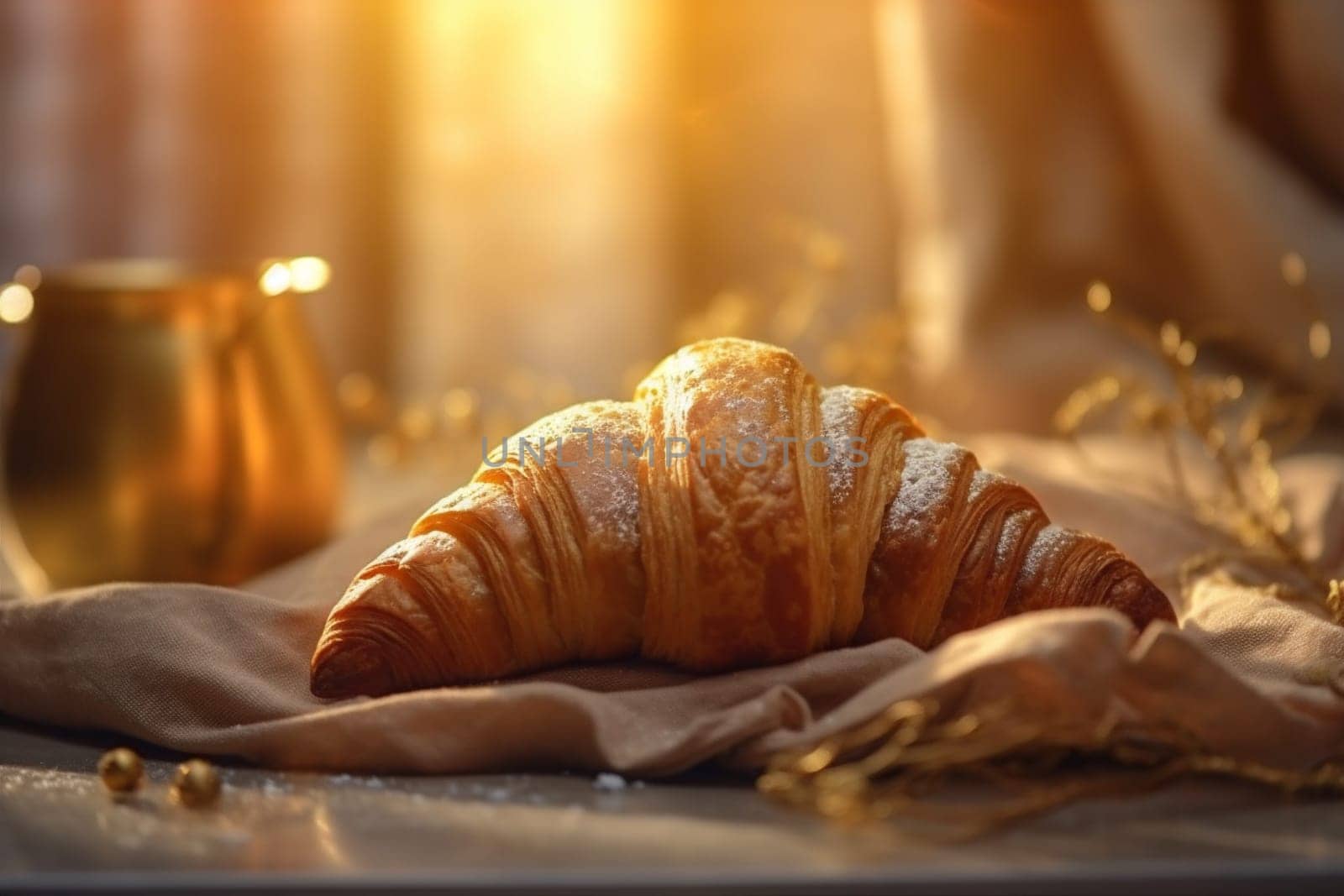 drink bakery snack croissant food table bokeh background breakfast cup morning background. Generative AI. by SHOTPRIME