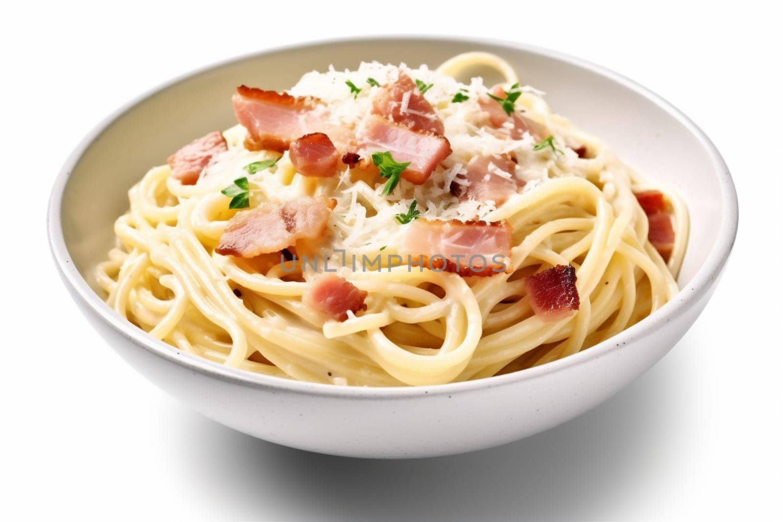 plate meal tasty isolated dish ham cuisine gourmet cooked lunch cheese homemade spaghetti parsley pasta carbonara background parmesan food recipe italian. Generative AI.