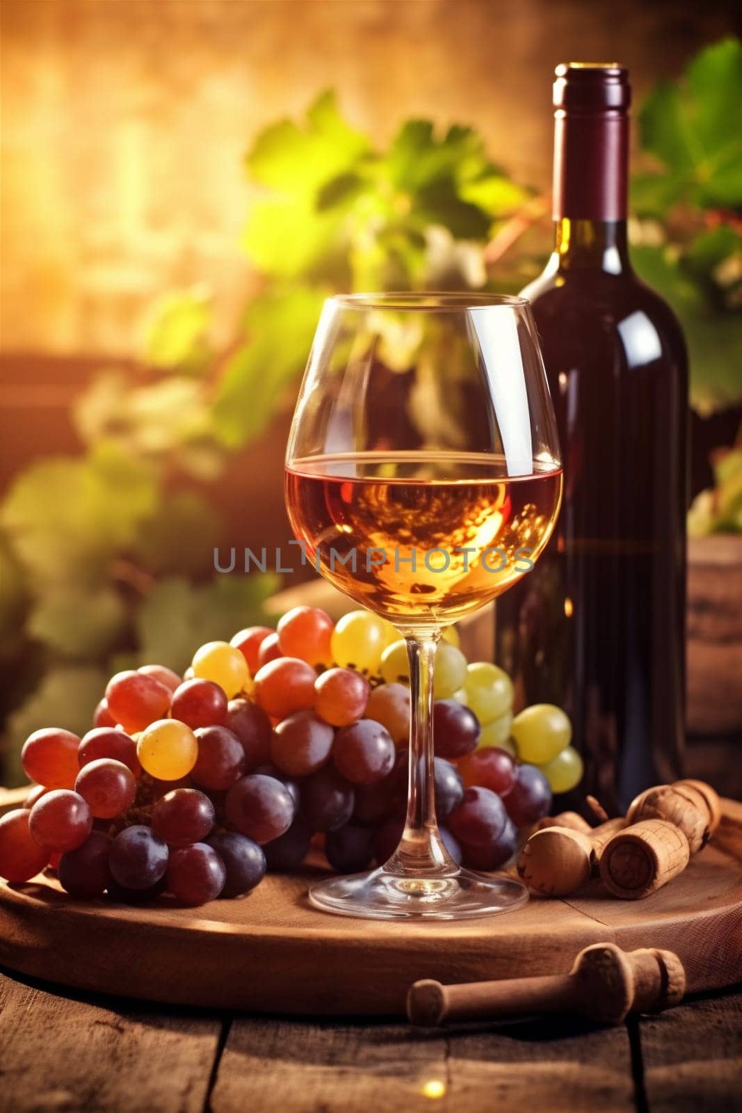 wine bottle alcohol winery drink grape beverage sunny glass background food. Generative AI. by SHOTPRIME