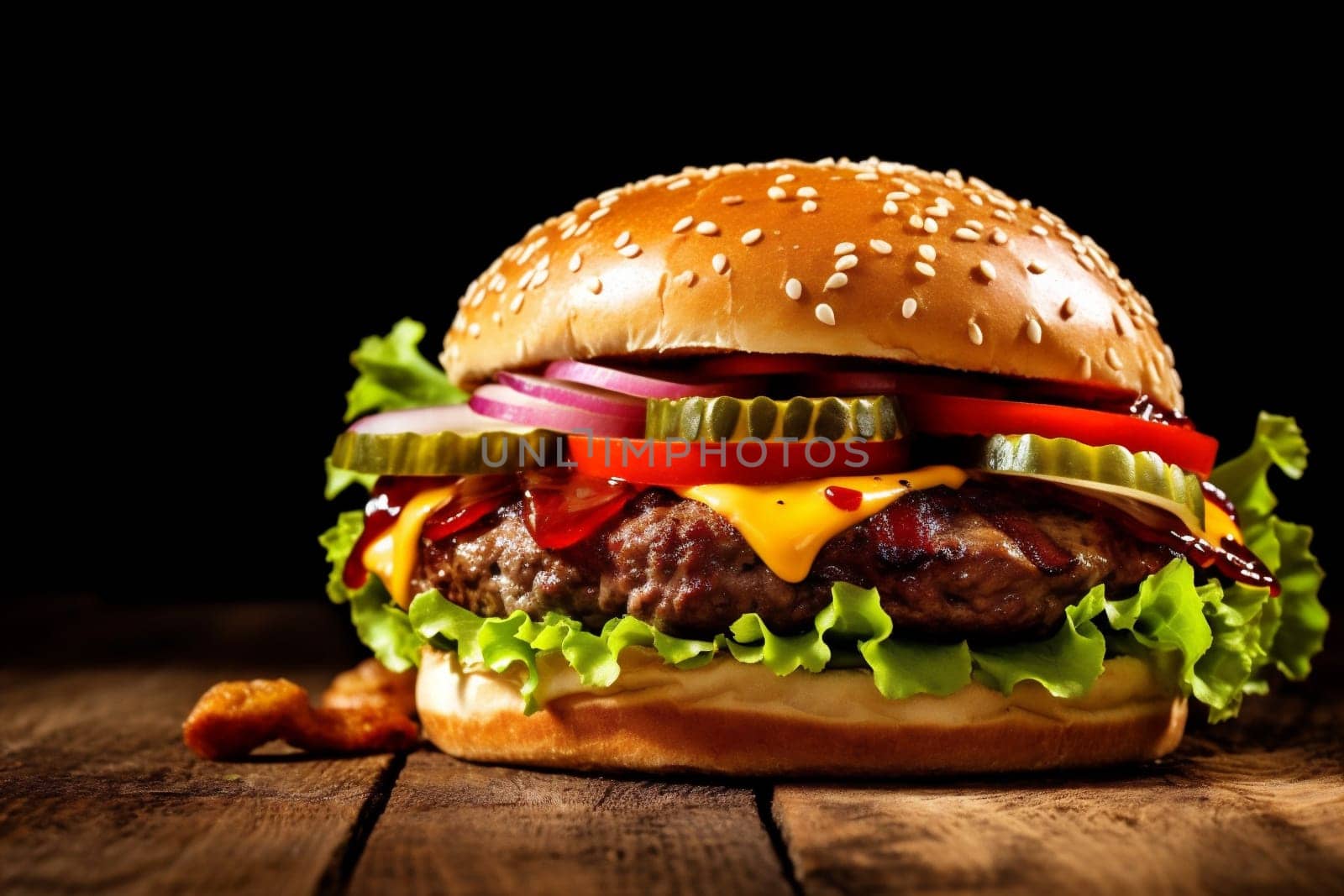 fast beef burger sandwich fat hamburger food meat fast snack food. Generative AI. by SHOTPRIME