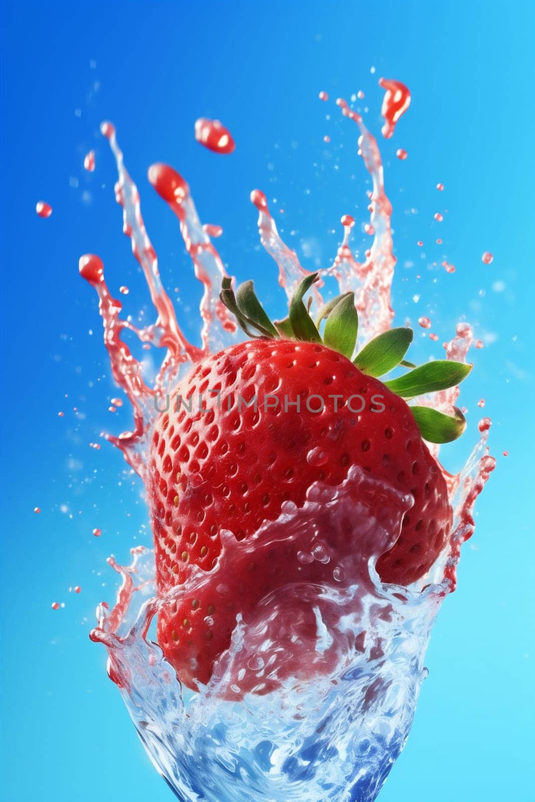 strawberry red fresh clear delicious raw water nature blue fruit background blue freshness splash wet bubble healthy cyan food ingredient closeup. Generative AI.