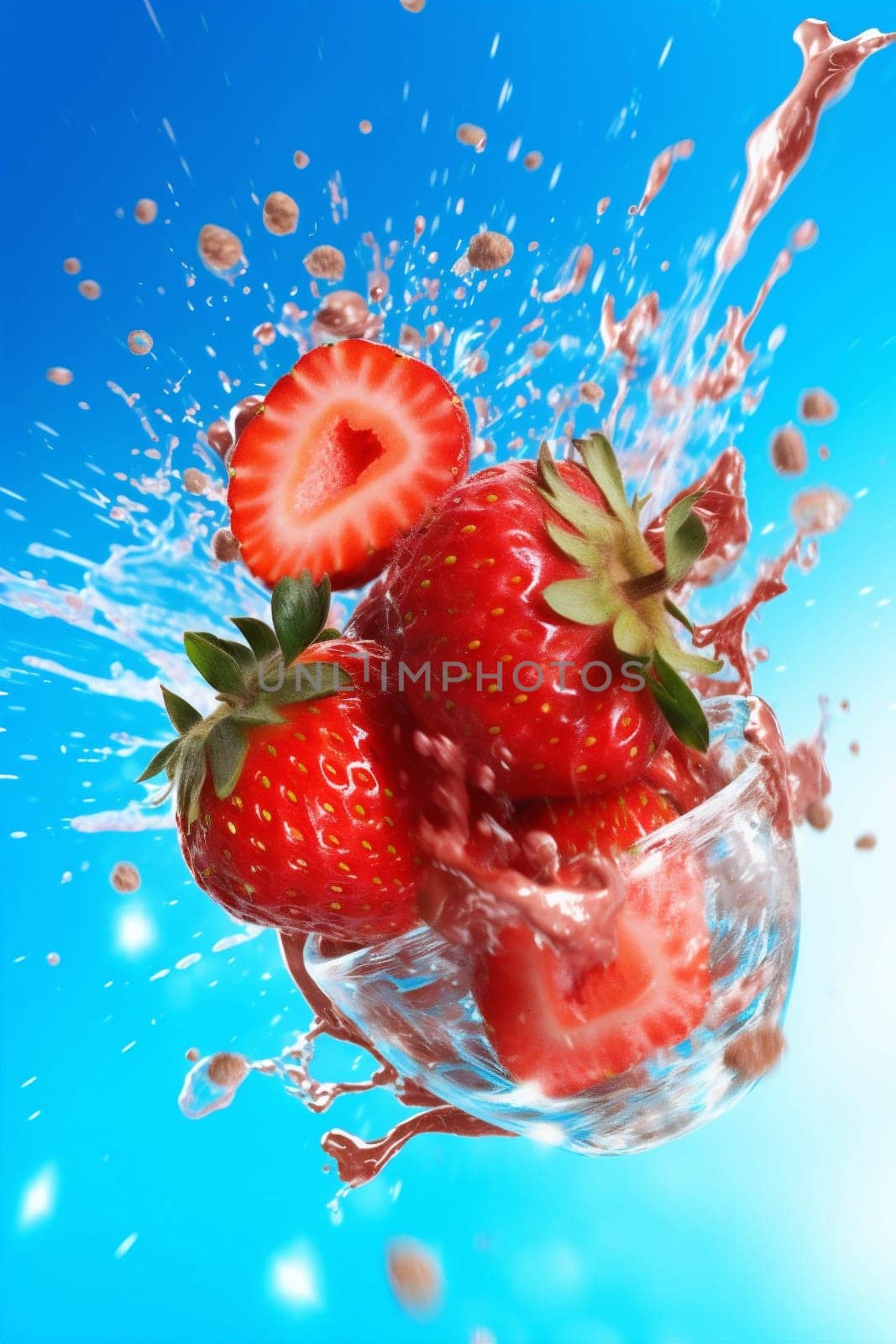 red background fresh fruit freshness food healthy blue strawberry splash water. Generative AI. by SHOTPRIME