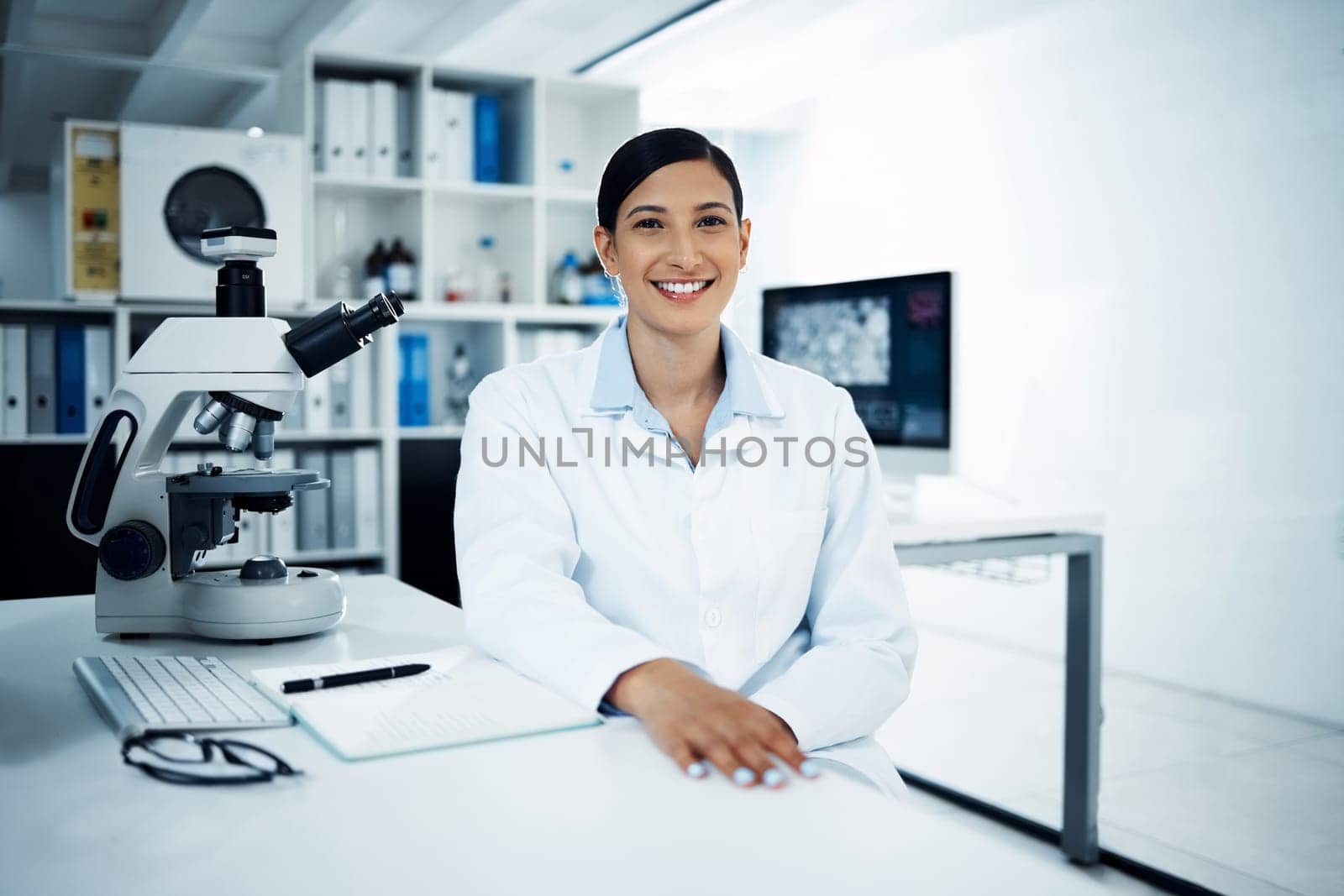 Science, portrait and woman with microscope in laboratory for medical research, analysis and test. Healthcare, biotechnology and face of female scientist with equipment for study, sample and medicine.