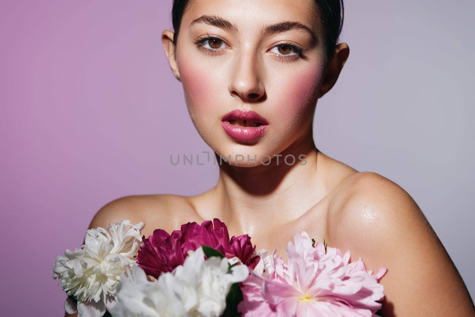 woman portrait girl make-up flower model face pink blush beauty healthy by SHOTPRIME