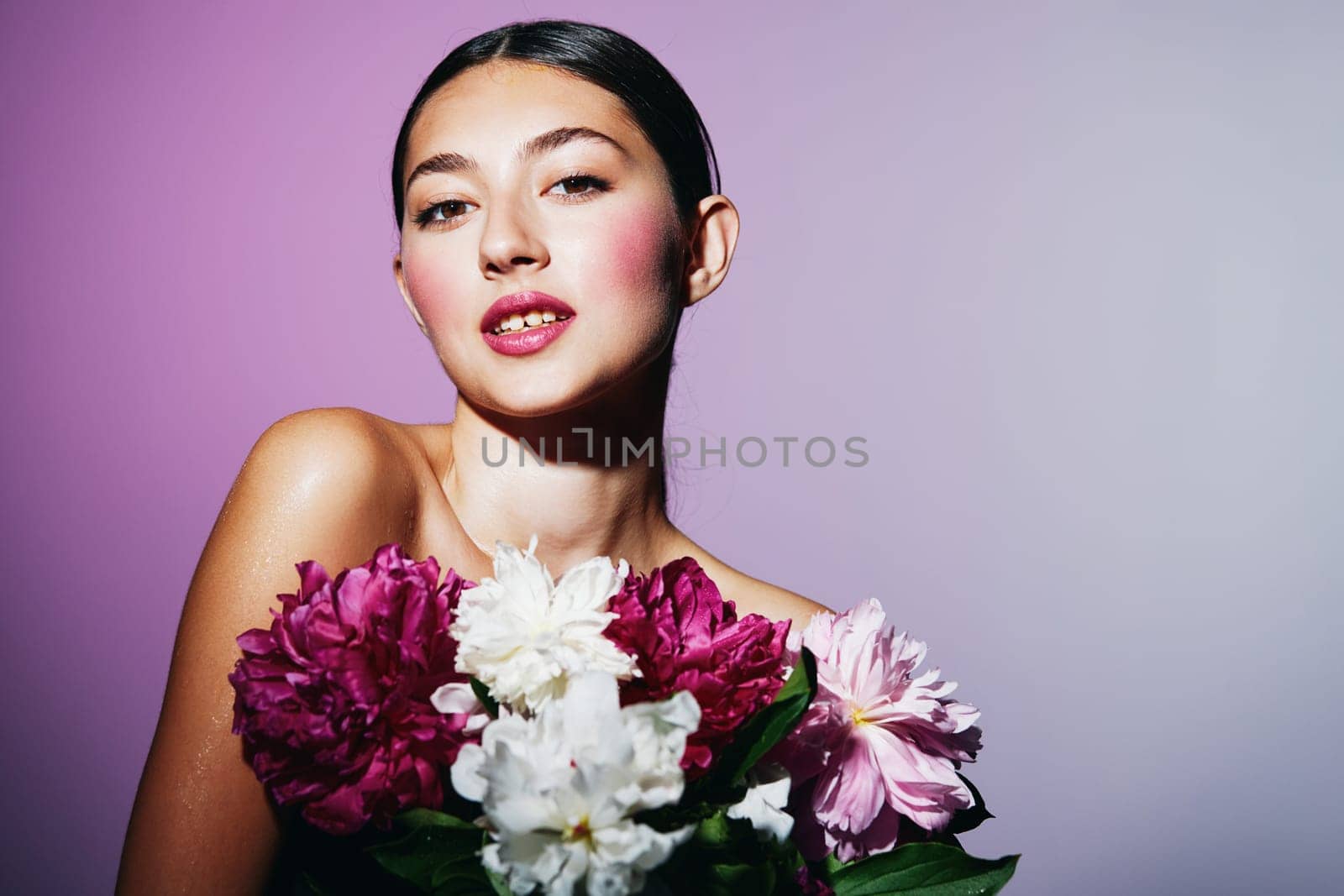 blush woman model portrait beauty pink flower face style girl make-up by SHOTPRIME