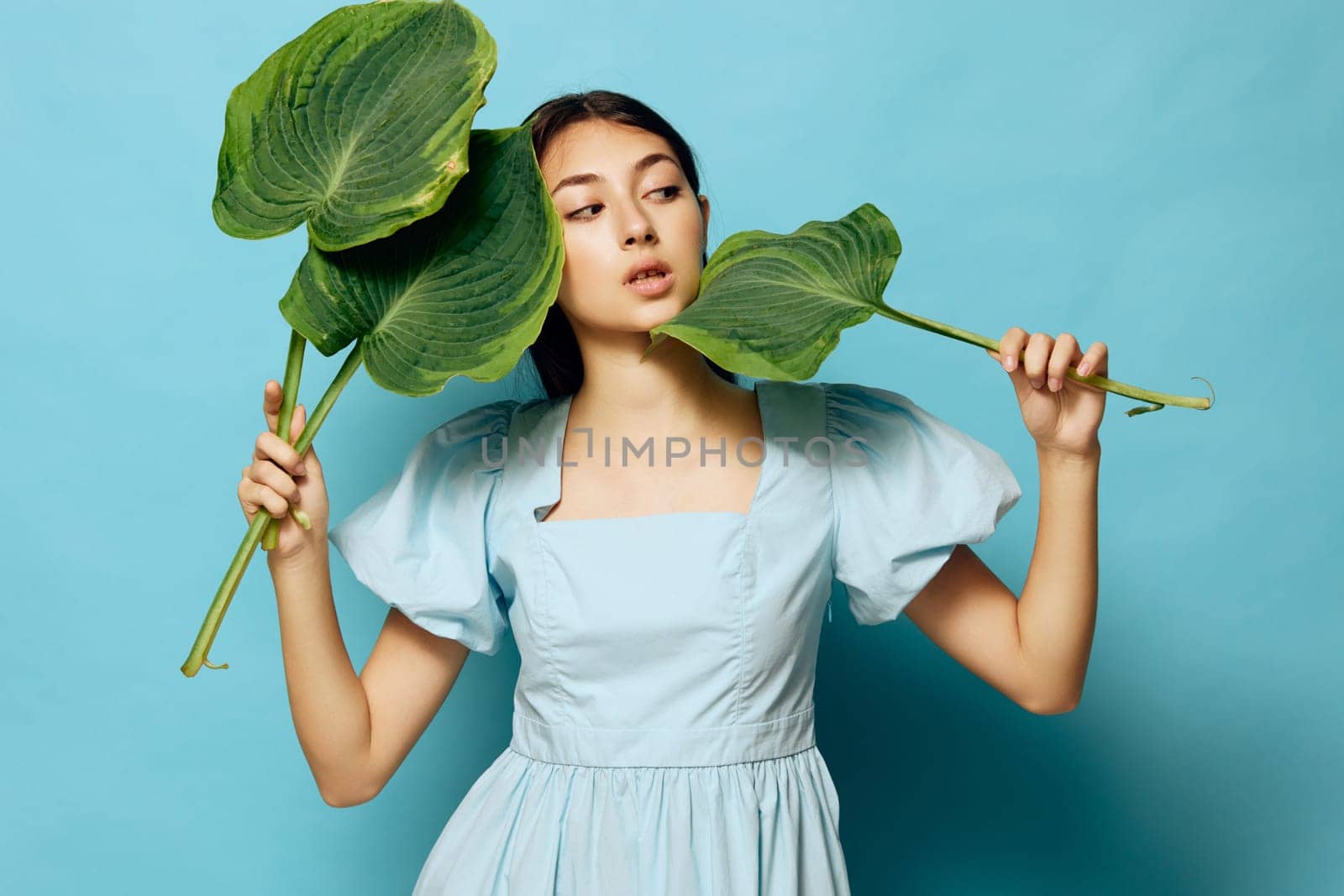 clothes woman clothing cosmetic young pink beauty sweet shopping palm make-up makeup delicate smile happy blue style studio leaf pretty caucasian