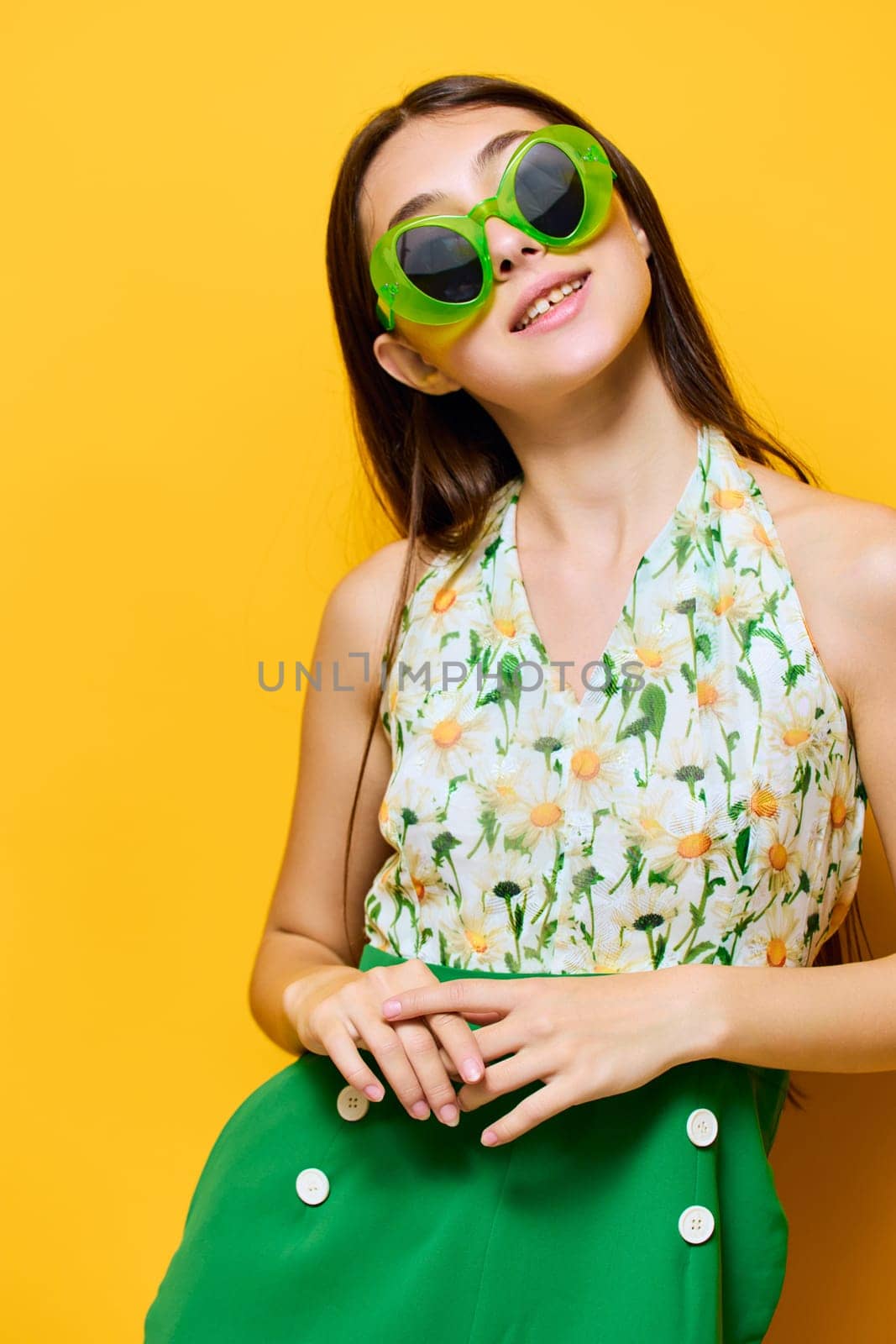 woman young yellow happy emotion outfit fashion sunglasses beautiful style stylish by SHOTPRIME