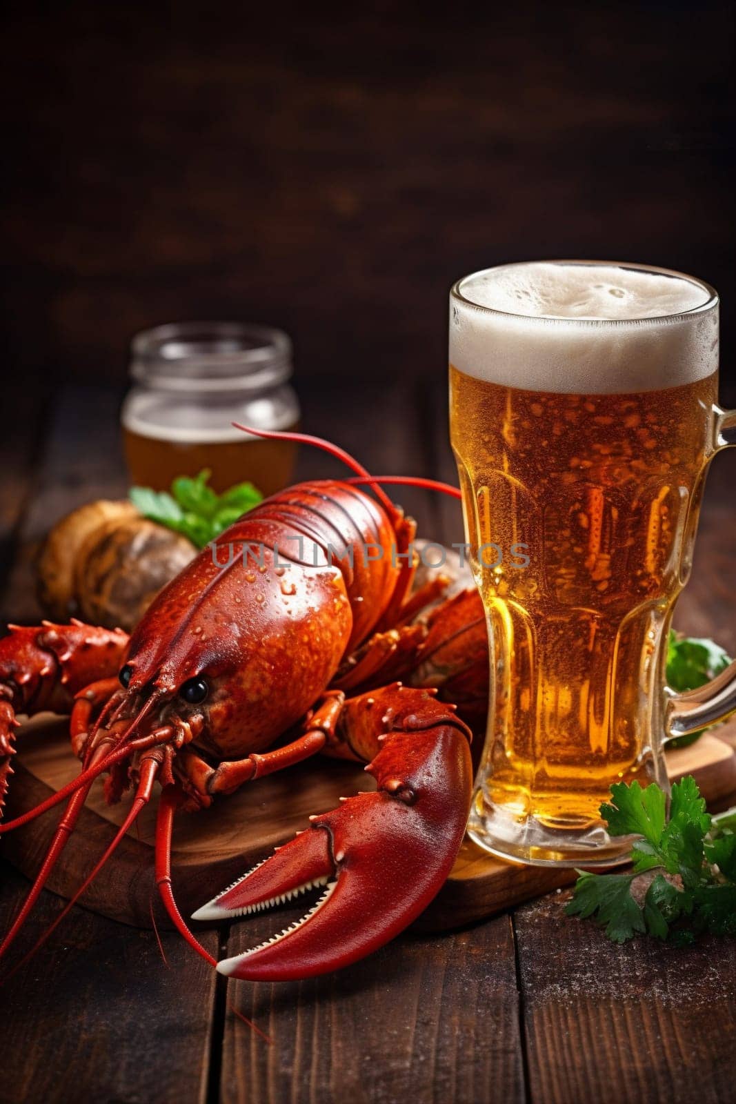 cooked crayfish red glass rustic freshness beer snack crawfish crustacean food black table delicious mug seafood shellfish animal background fresh crab. Generative AI.