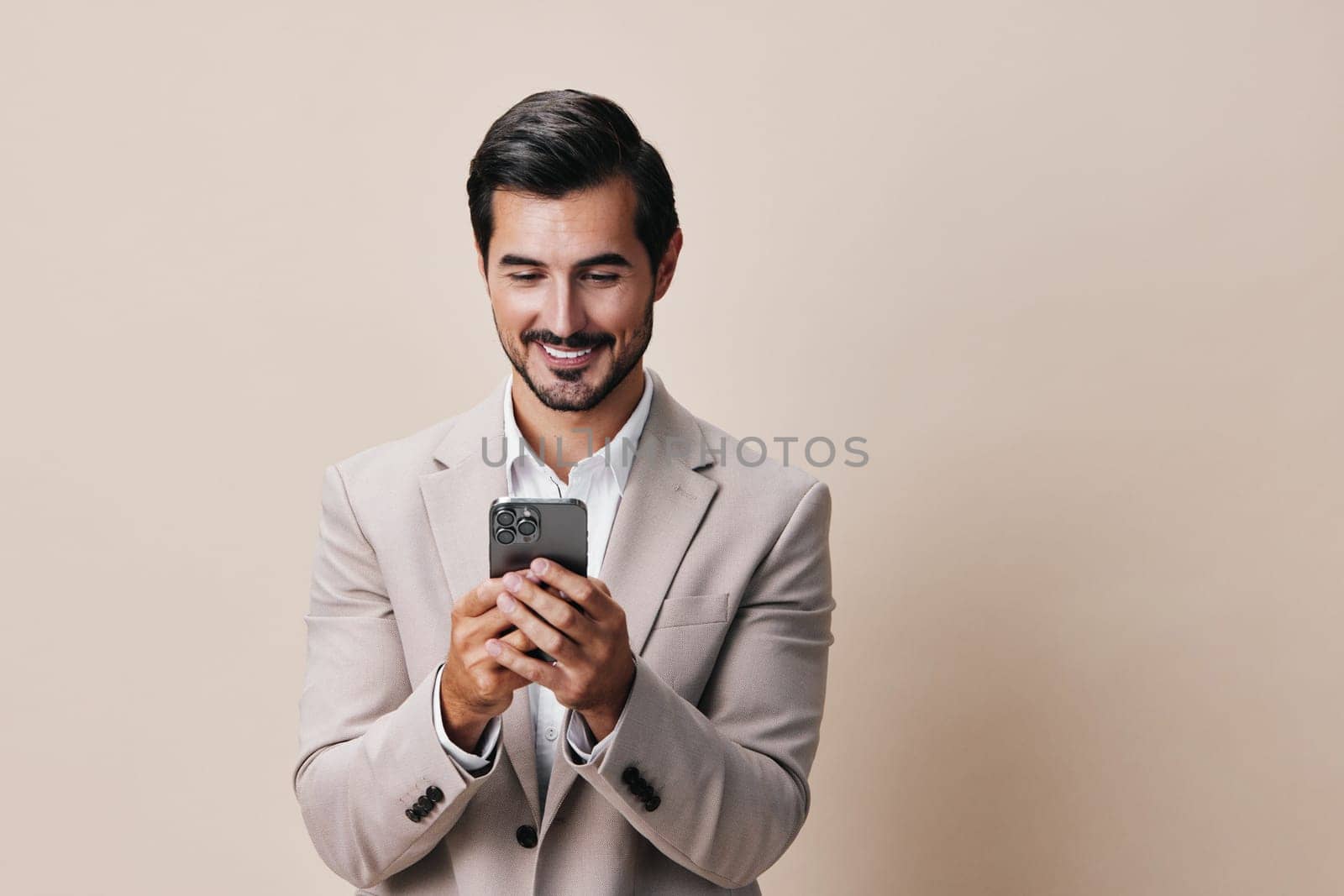 man call business selfies portrait smartphone phone hold happy smile suit by SHOTPRIME