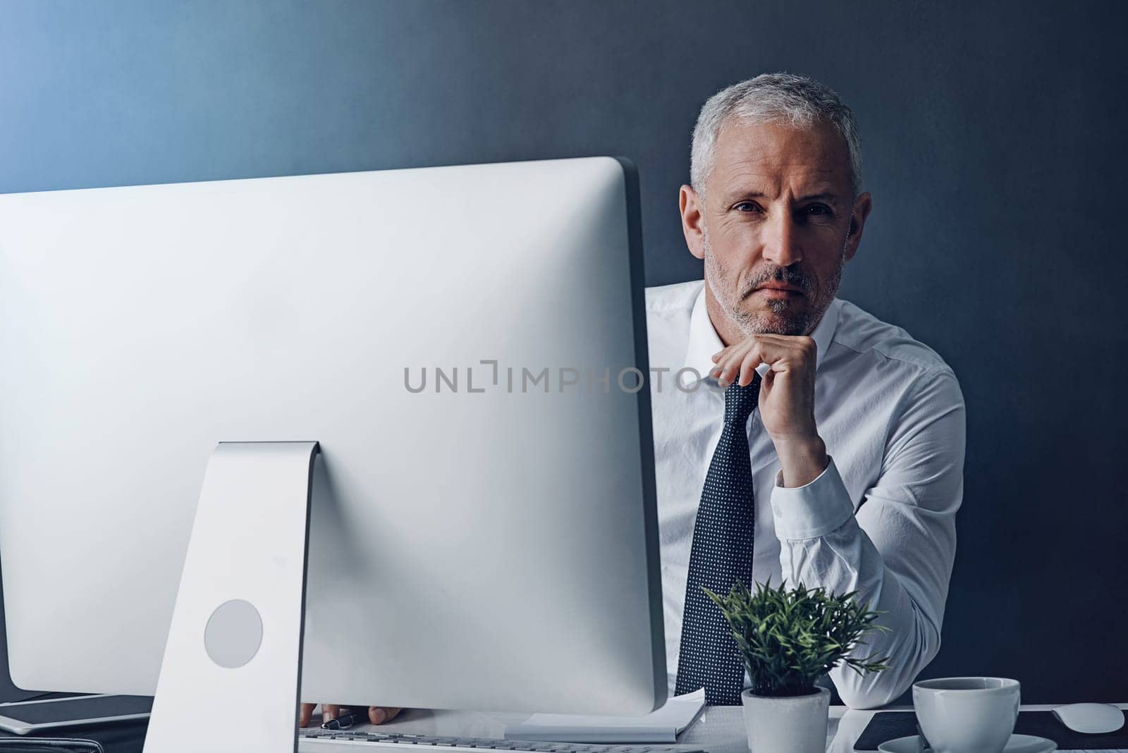 I never miss a deadline. Cropped portrait of a mature businessman working on his computer