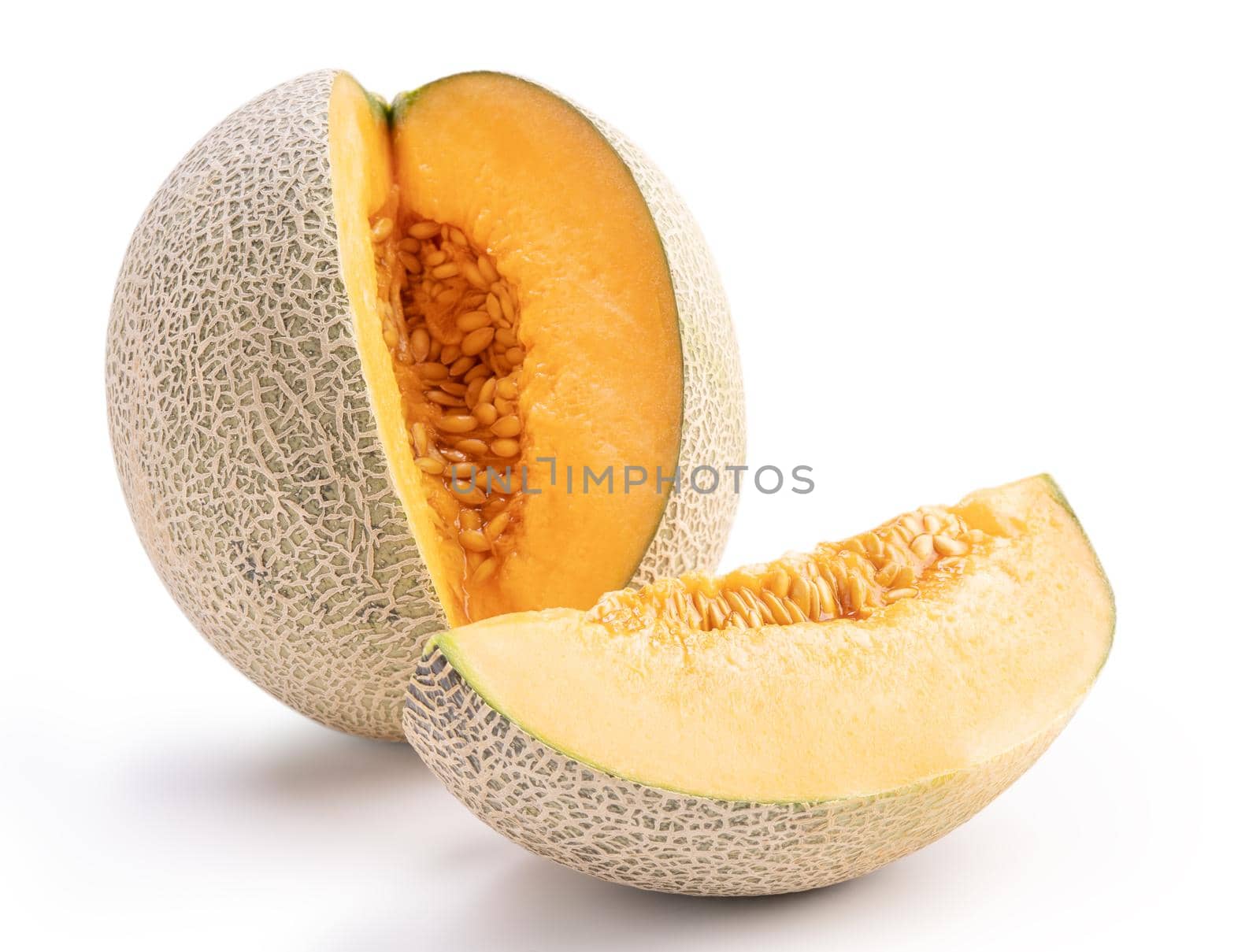 Beautiful tasty sliced juicy cantaloupe melon, muskmelon, rock melon isolated on white background, close up, clipping path, cut out.